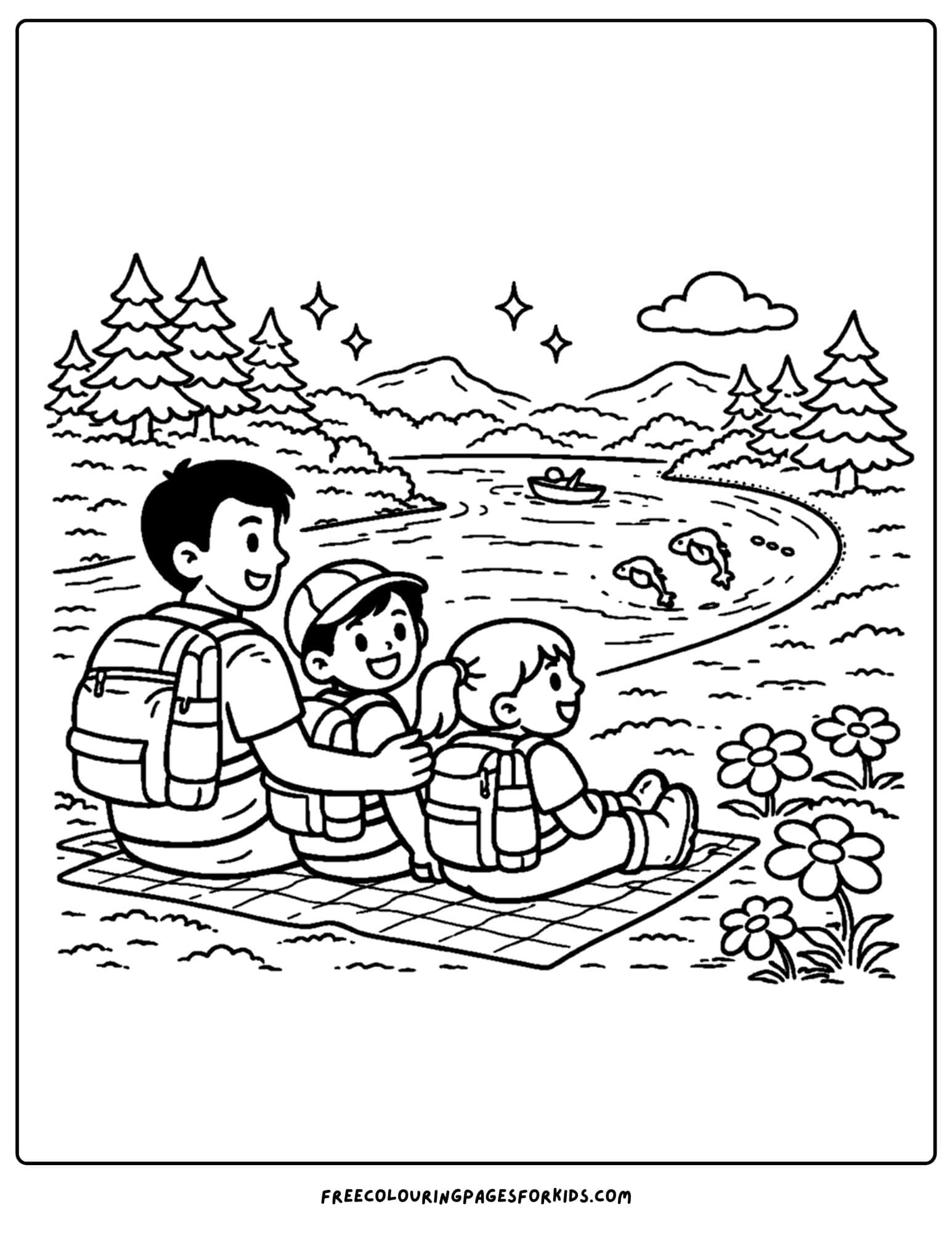 a hiking coloring page of a family sitting at ariver bend resting