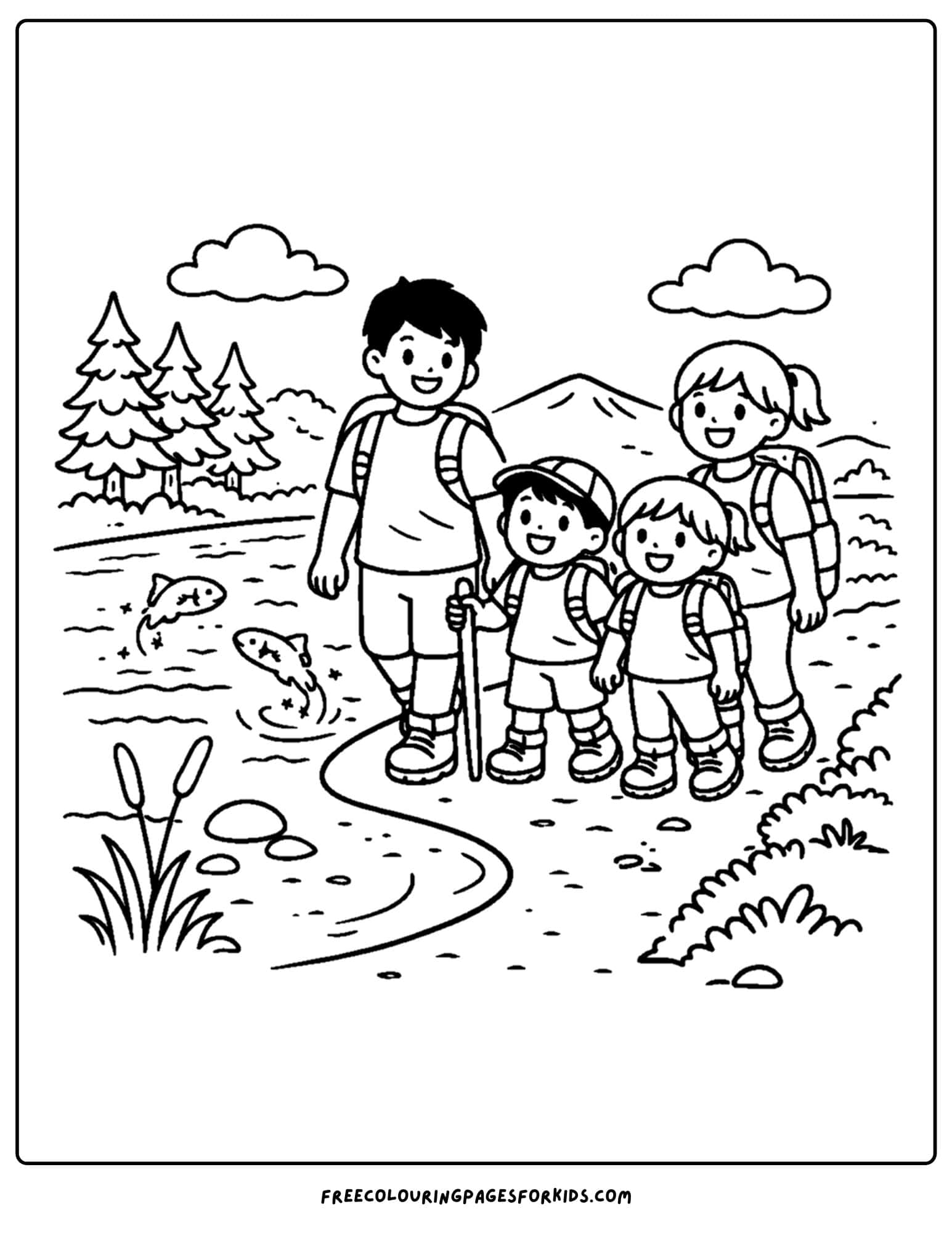 a hiking coloring page of a family going on a stroll down the side of a river