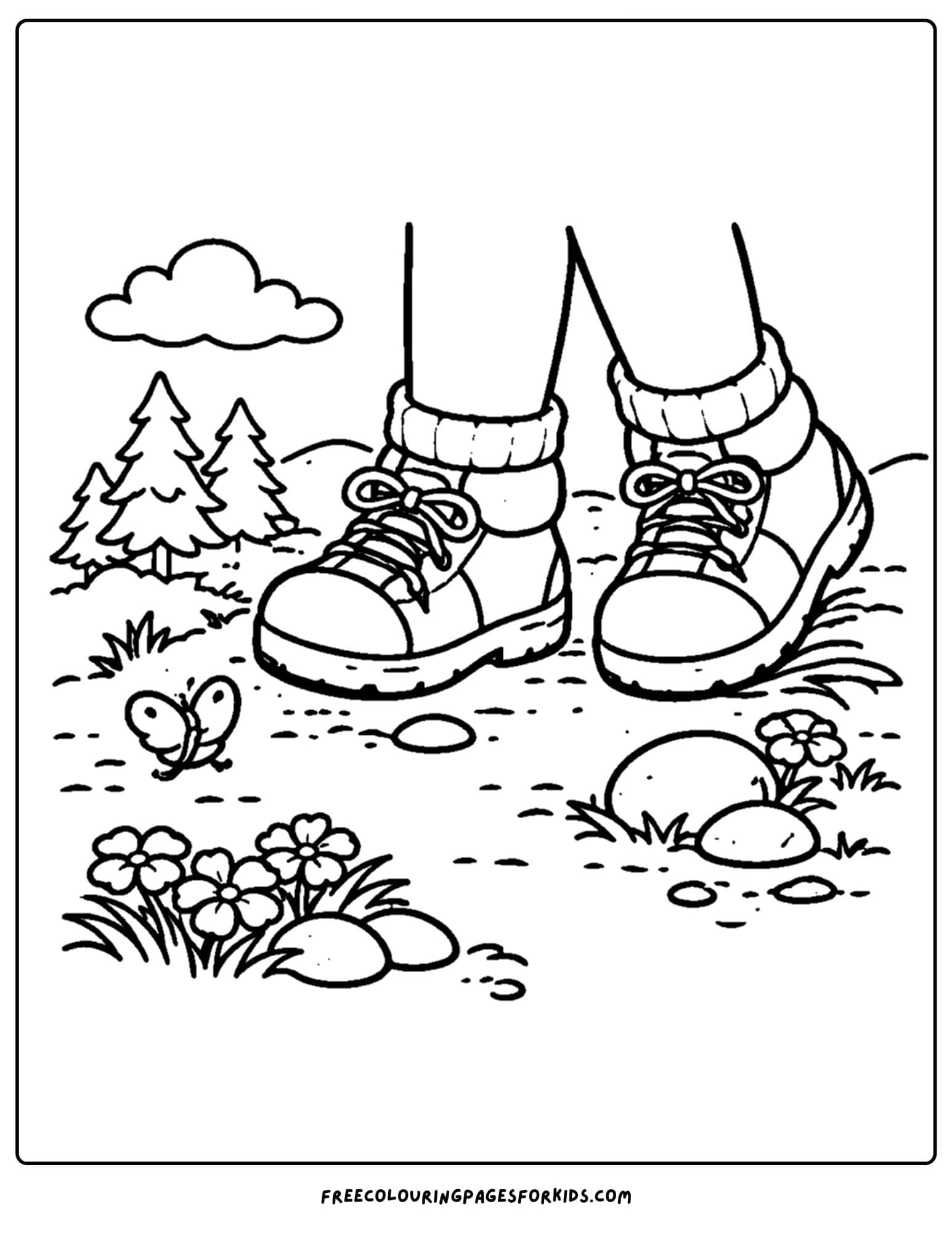 a hiking coloring page of some hiking books going over rocky ground