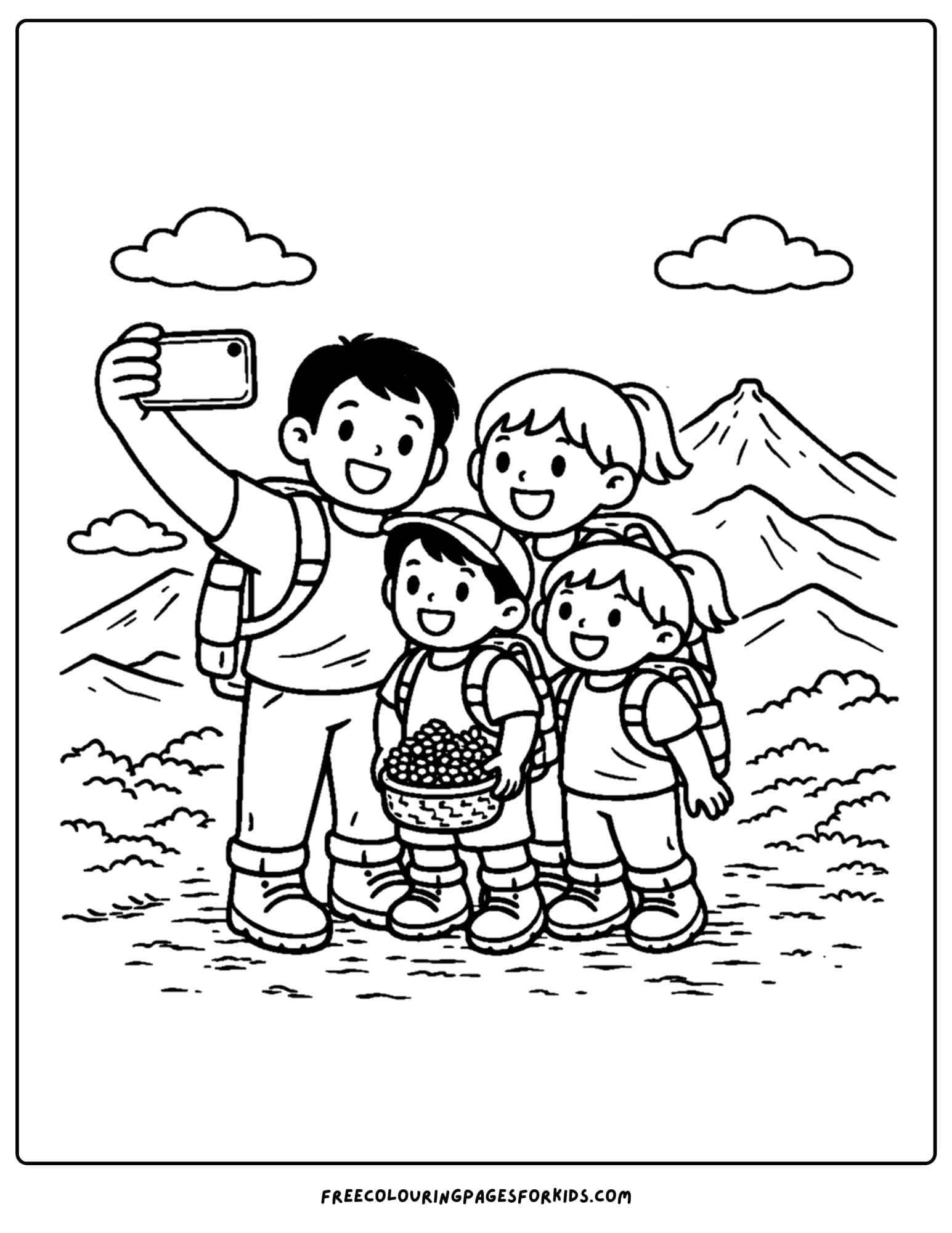 a hiking coloring page of a family stopping to take a selfie