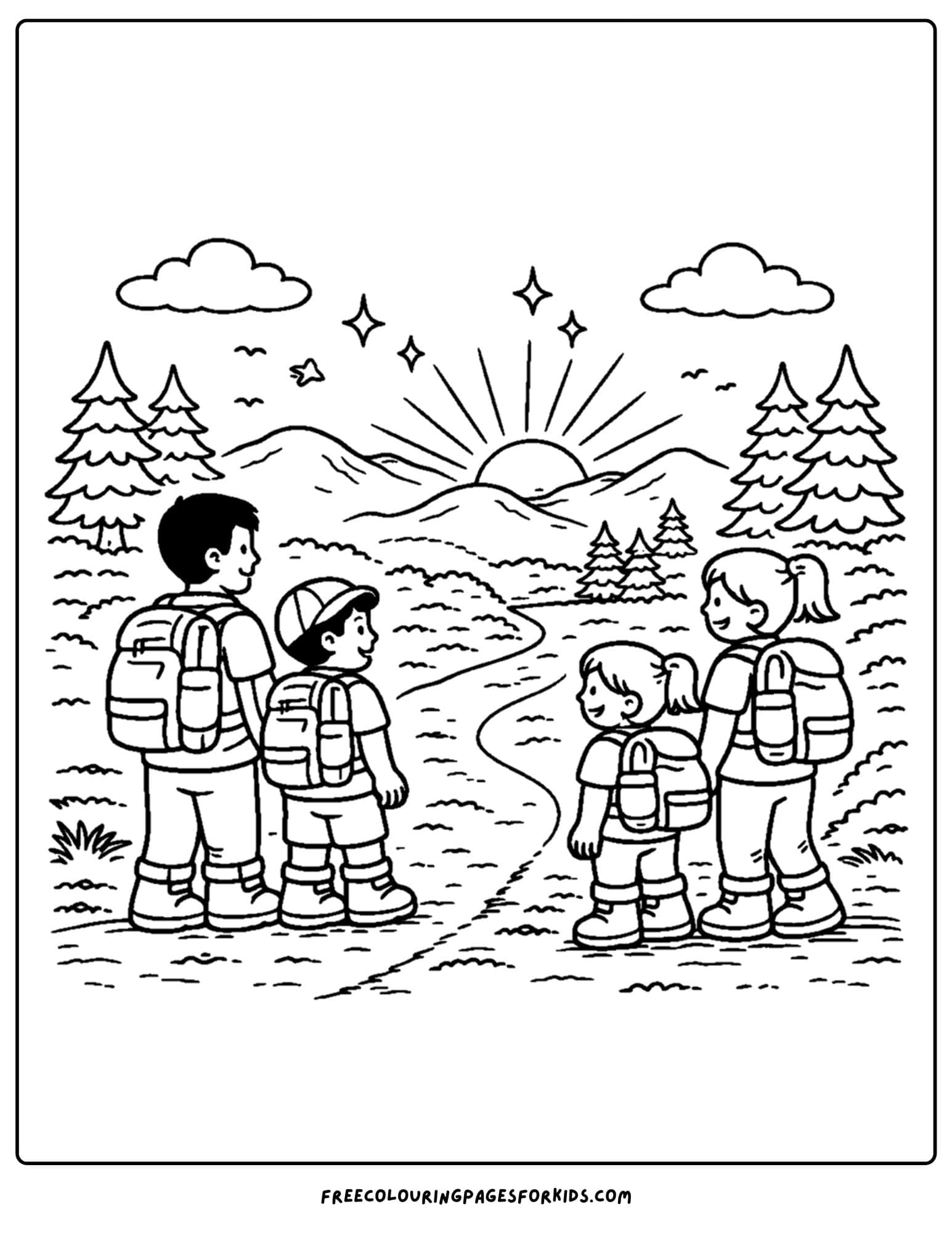 a hiking coloring page of a family watching the sunrise on their hike