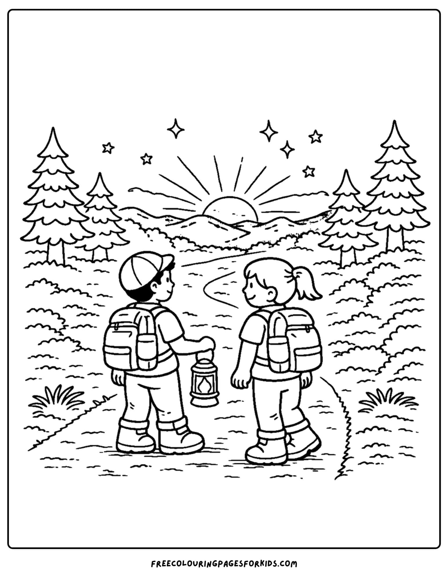 a hiking coloring page of two people watching a sunset on a hike