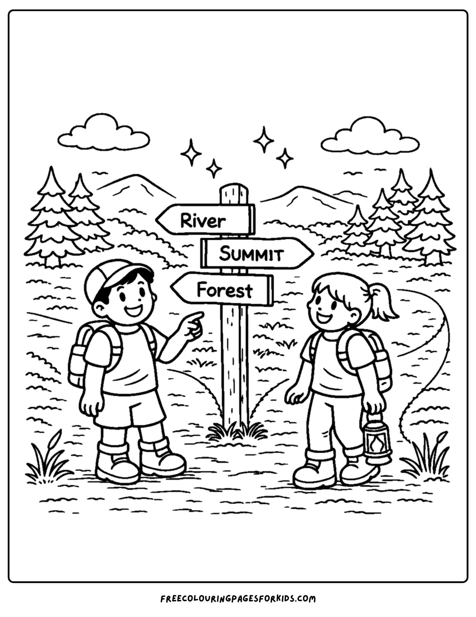 a hiking coloring page of children at a signpost on a trail