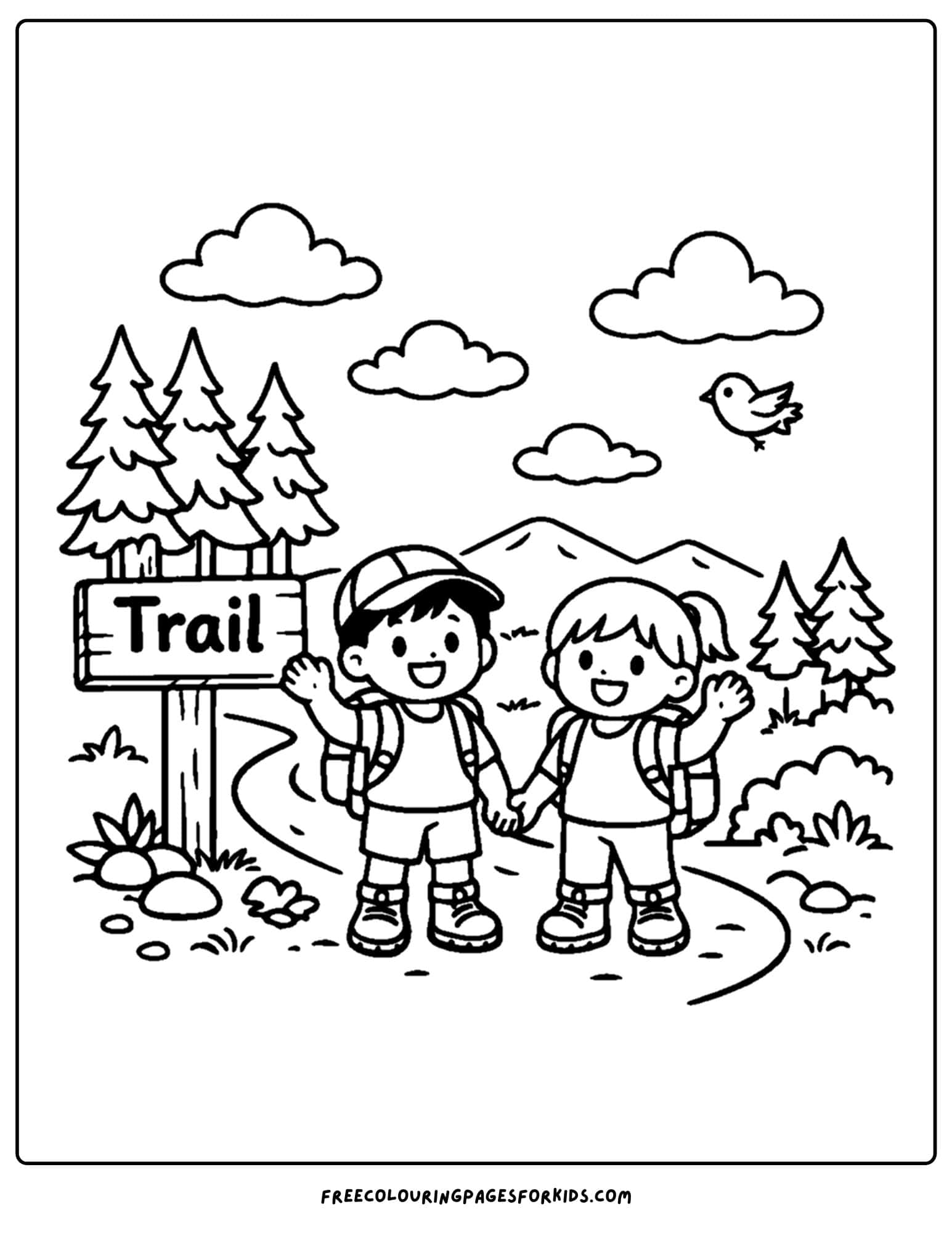 a hiking coloring page of two children at a trail head waving