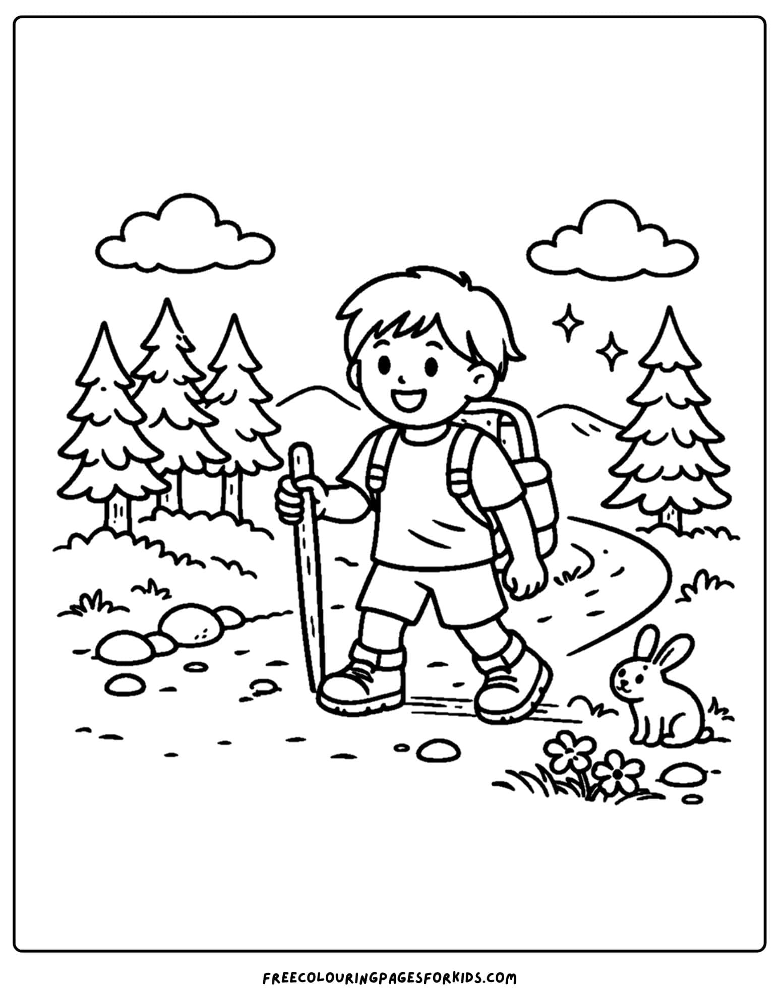 a hiking coloring page of child holding a walking stick while going down a path