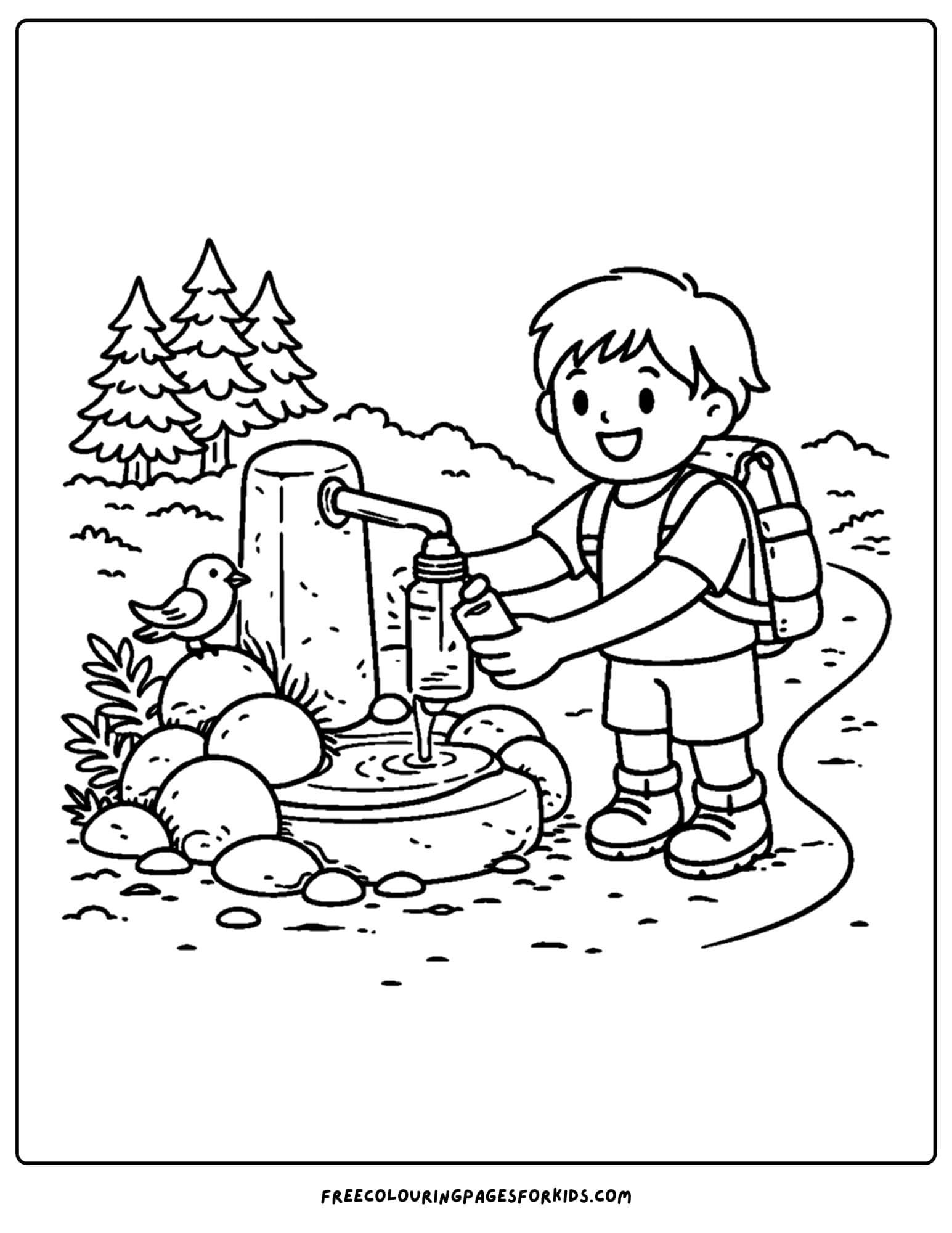a hiking coloring page of a child refilling their water bottle