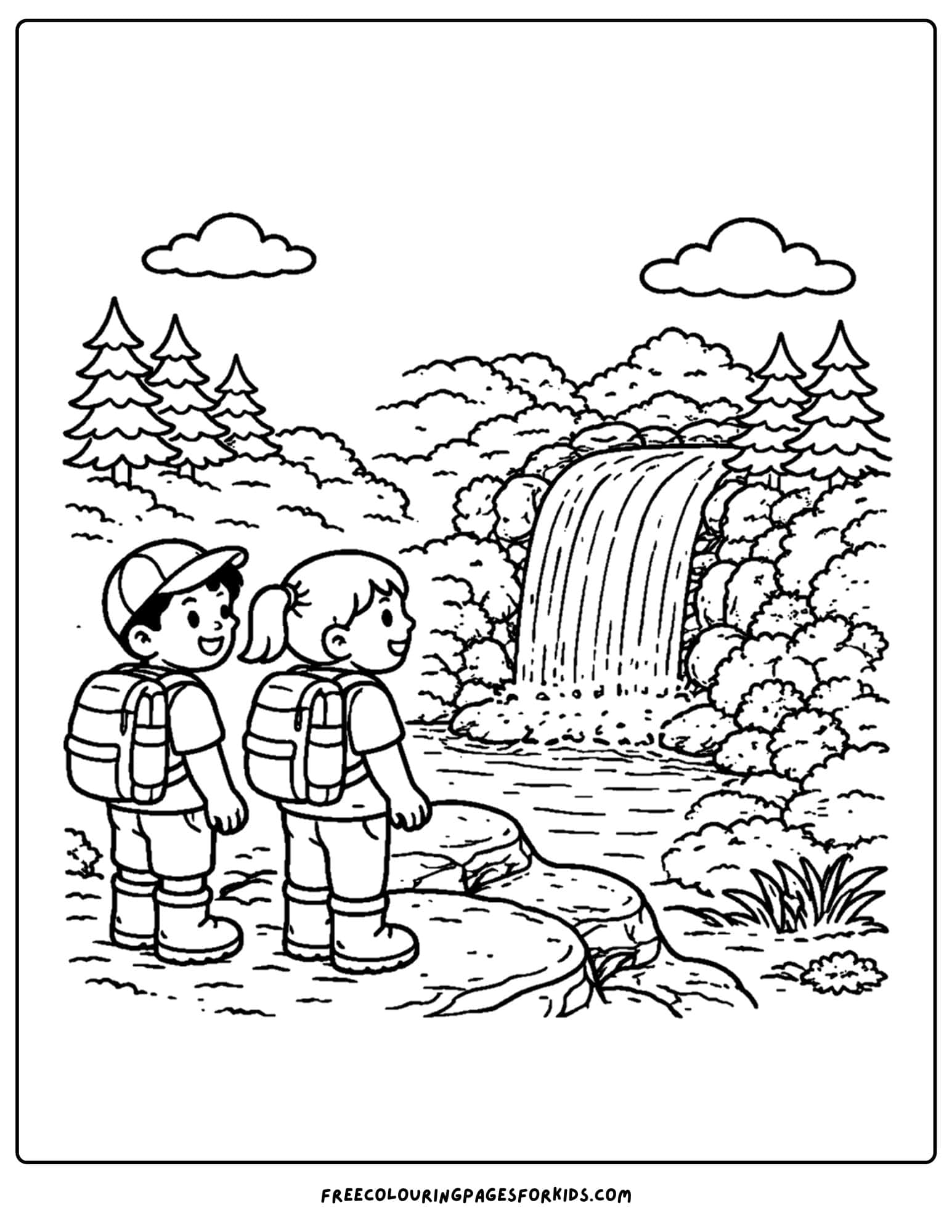 a hiking coloring page of two kids looking at a waterfall