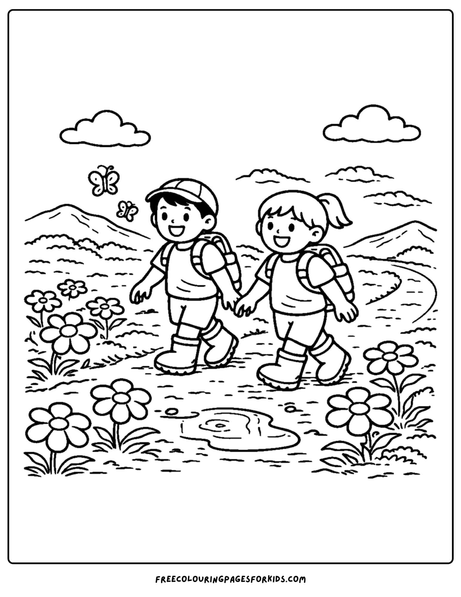 a hiking coloring page of two children walling a trail in a meadow
