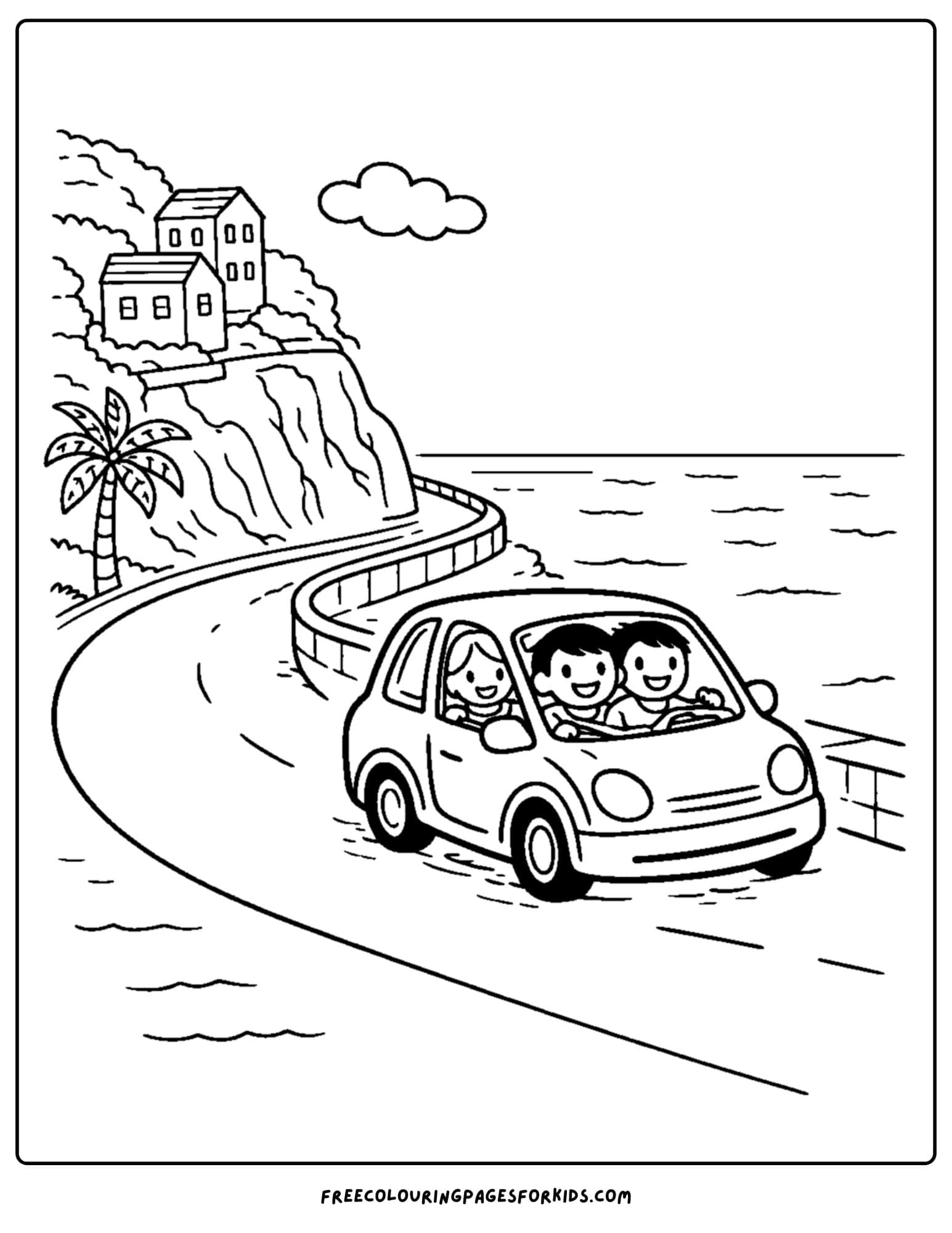 an italy coloring page showing a family holiday driving along the amalfi coast