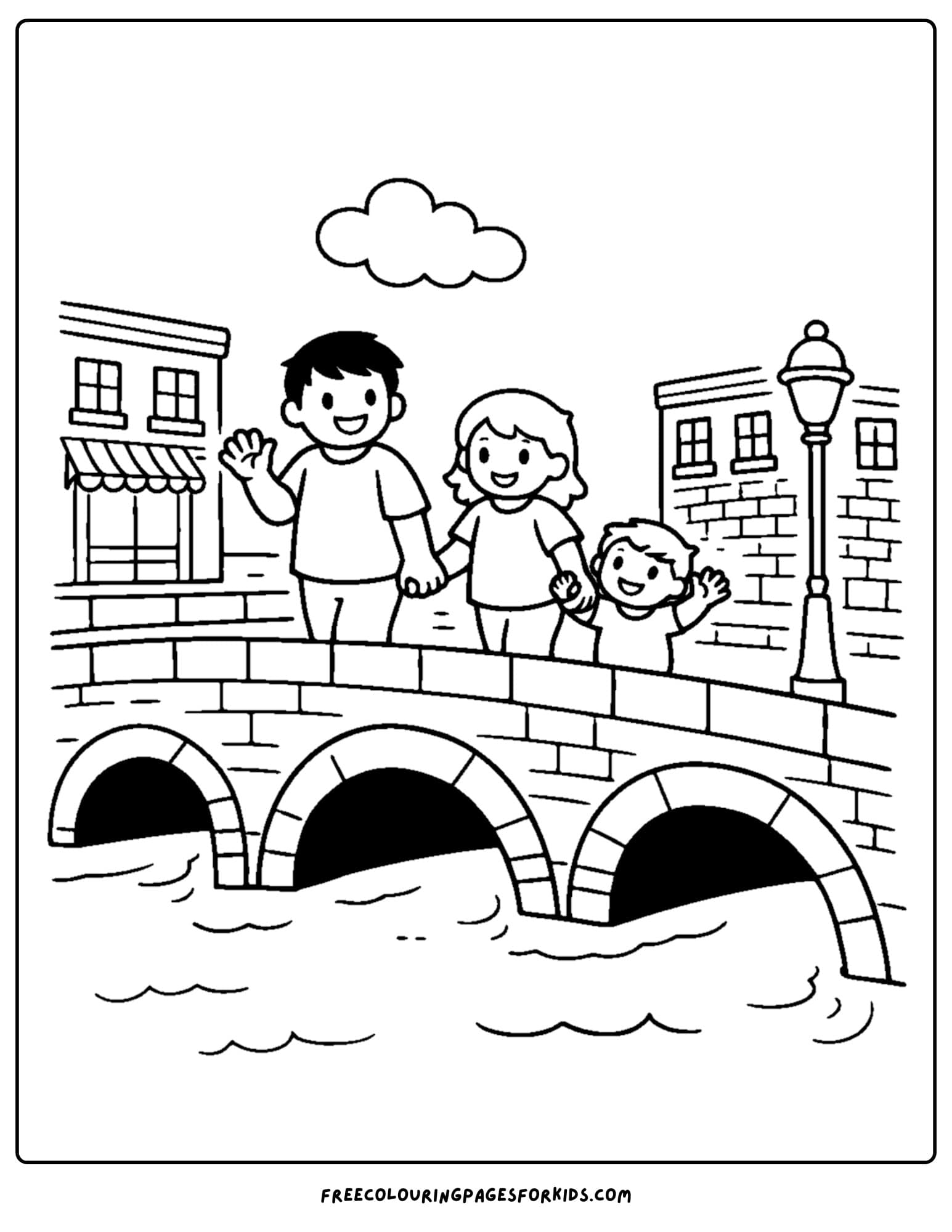 an italy coloring page showing tourists on a florence bridge