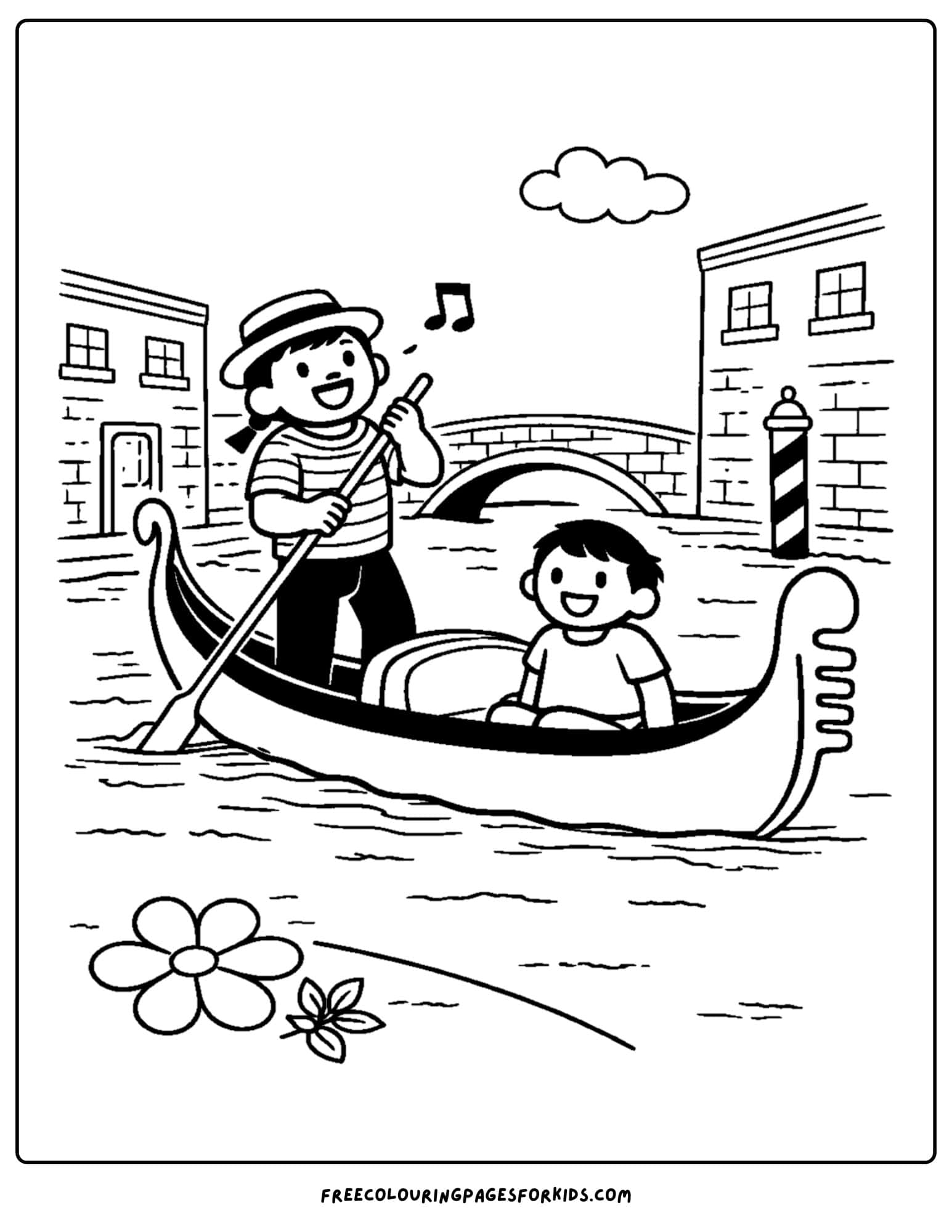 an italy coloring page showing a gondolier singing on a ride