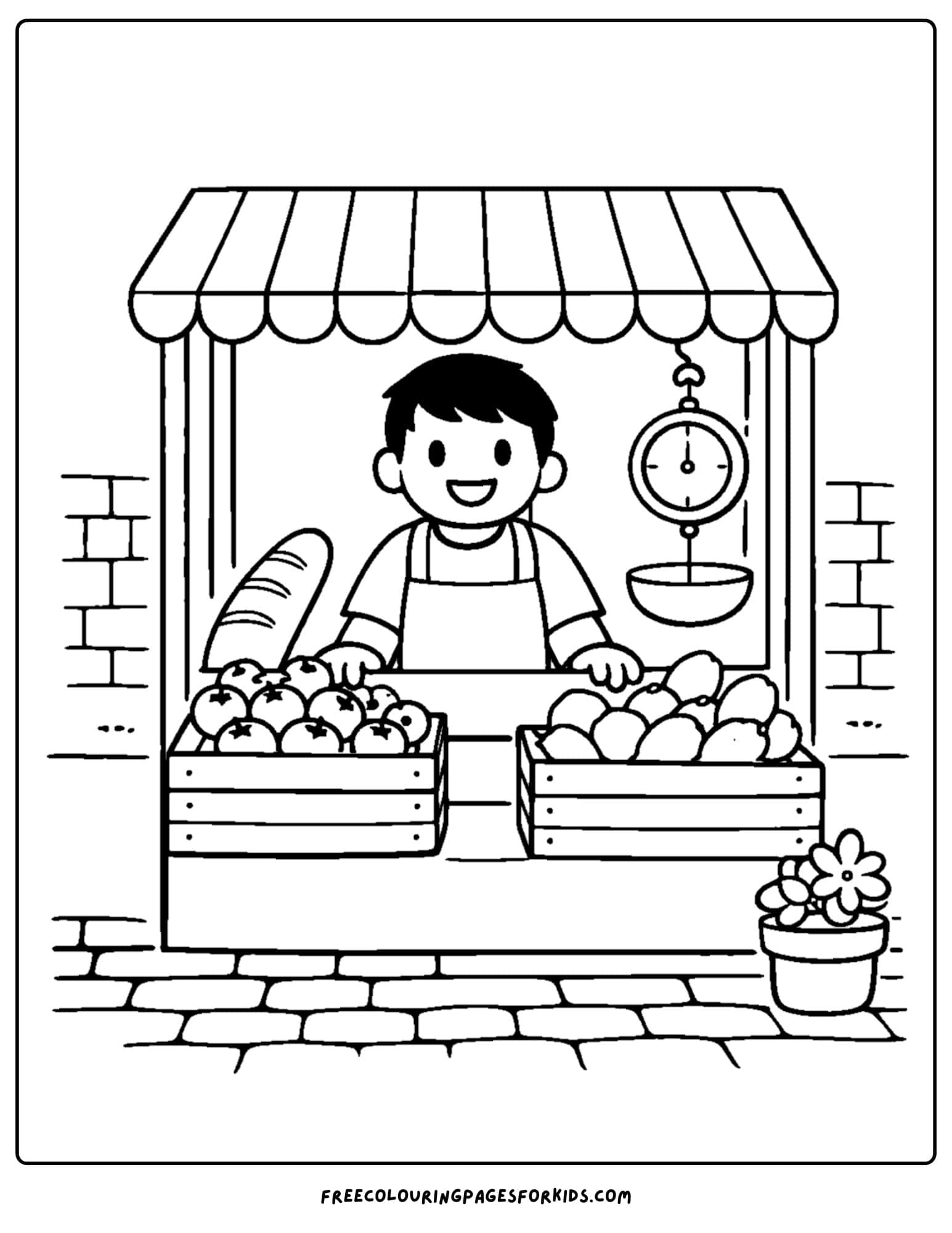 an italy coloring page showing a traditional market stall with owner