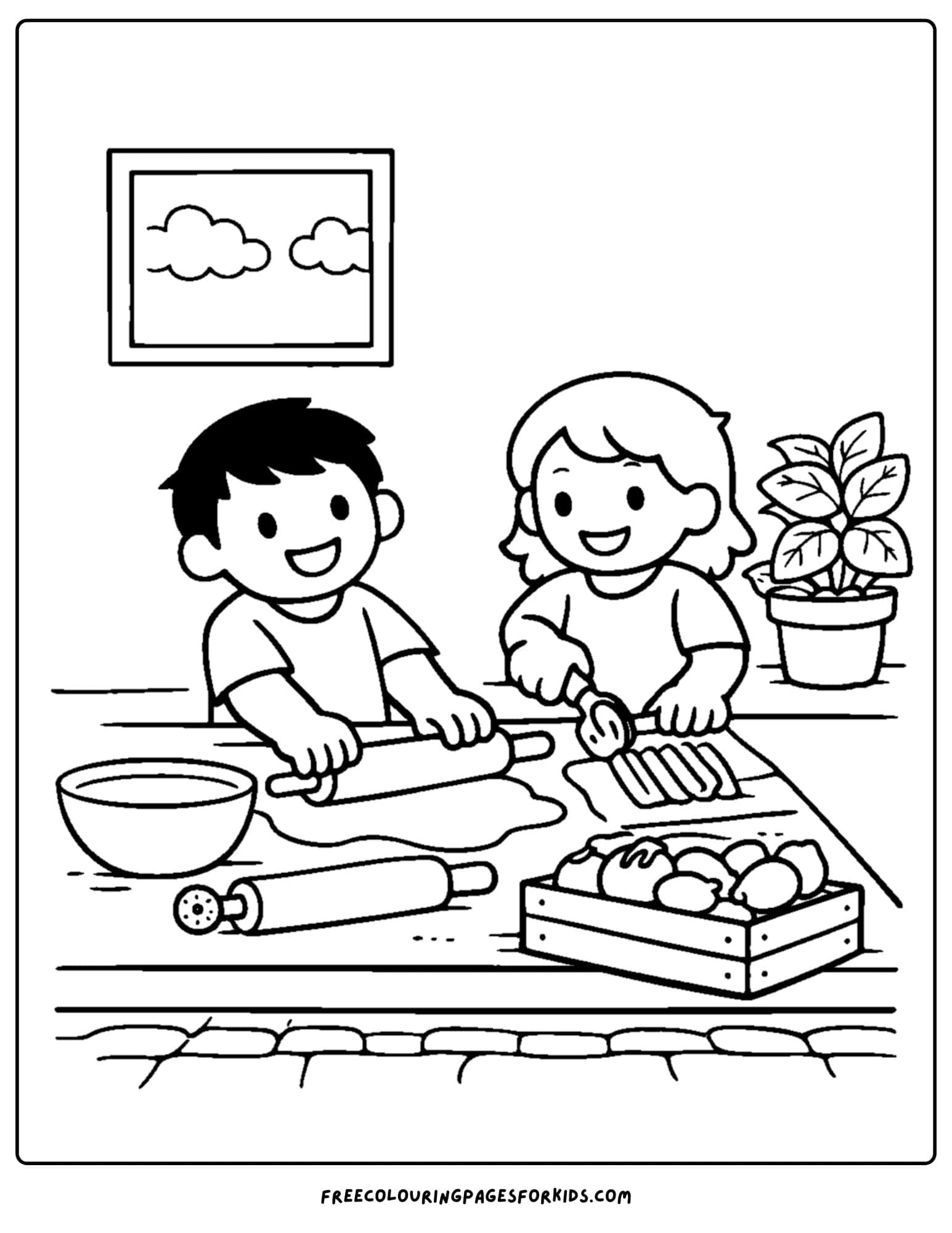 an italy coloring page showing a family making pasta from scratch