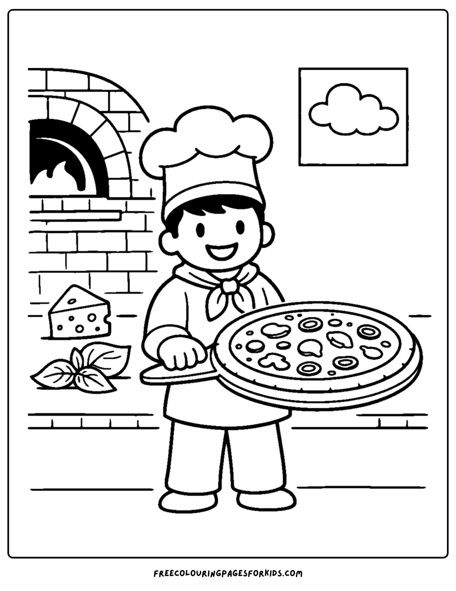 an italy coloring page showing a pizza chef with a pizza fresh from the oven