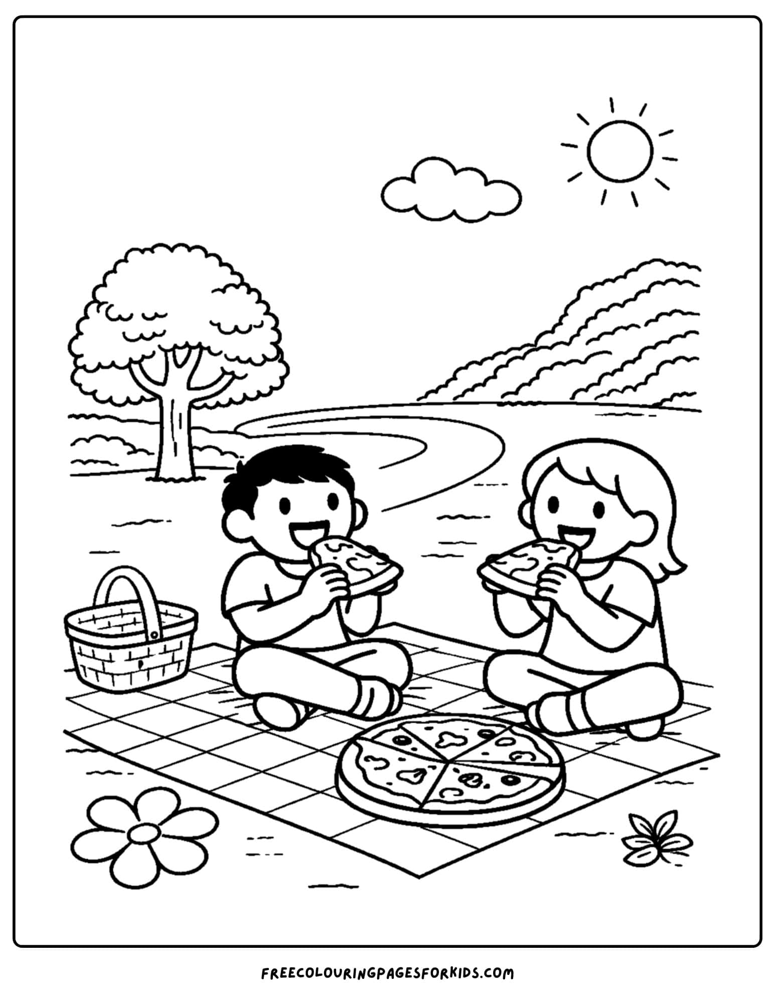 an italy coloring page showing a scenic pizza picnic