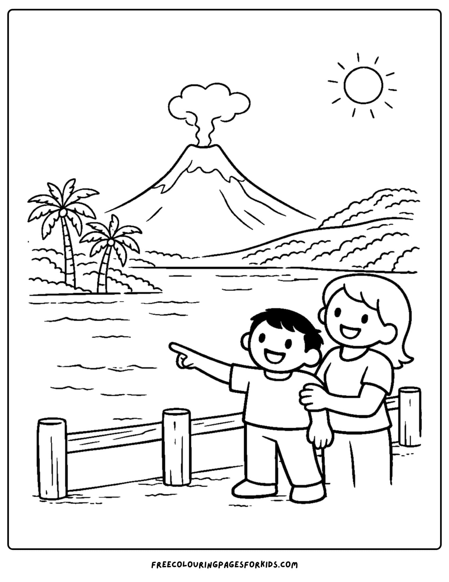 an italy coloring page showing tourists pointing at a volcano in sicily