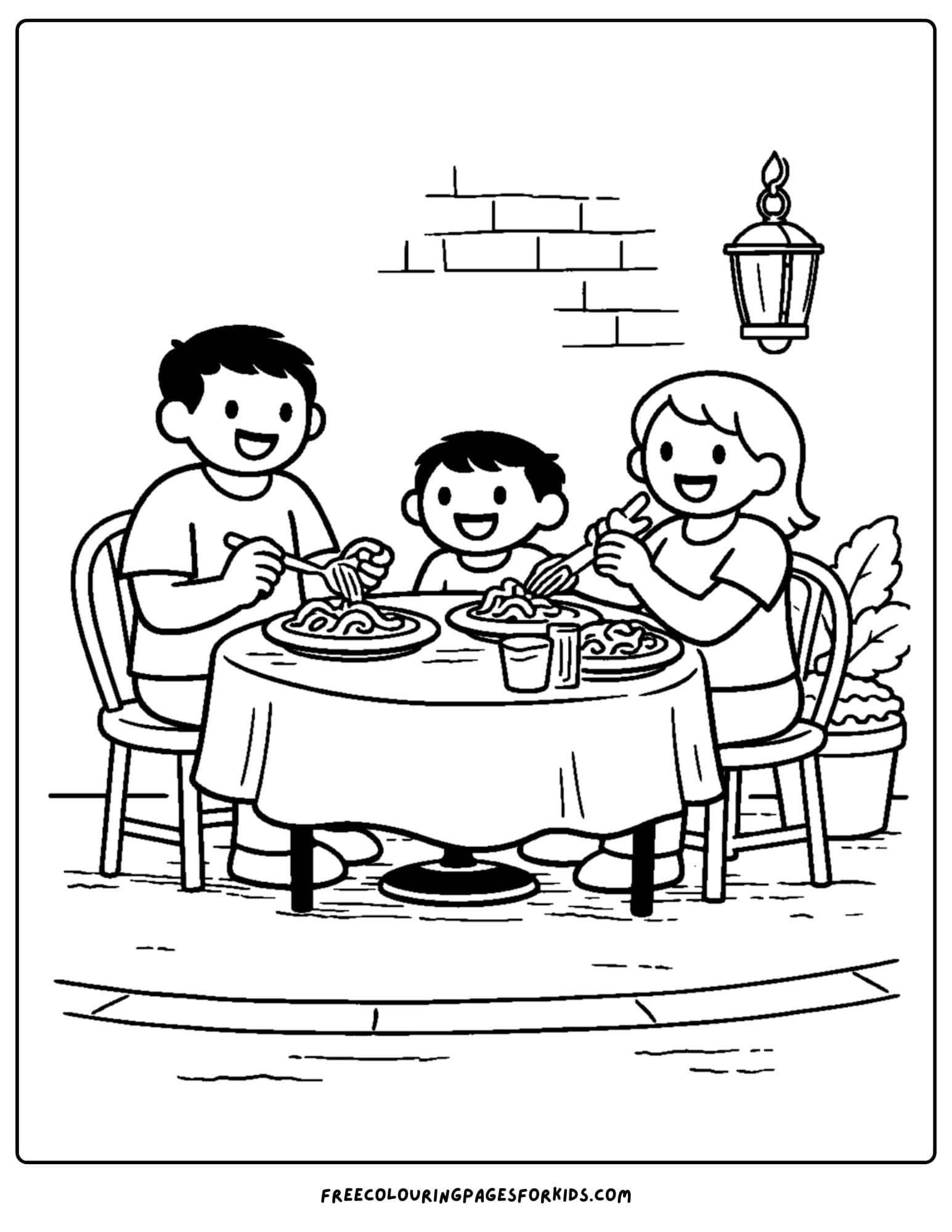 an italy coloring page showing a traditional trattoria dinner outdoors