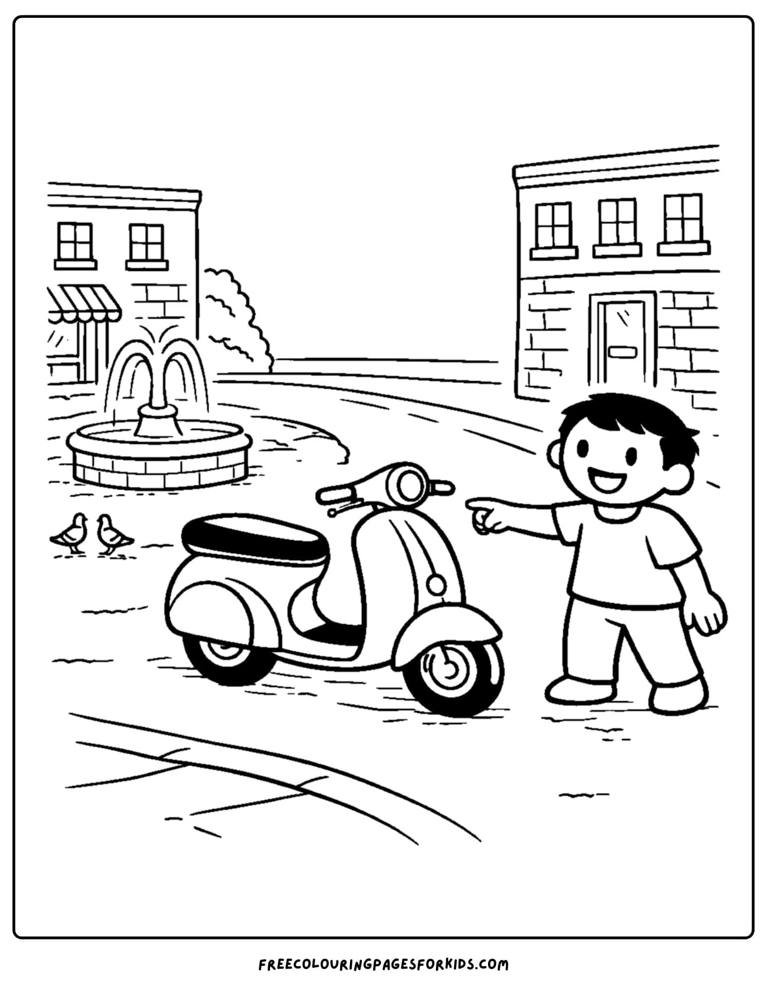 an italy coloring page showing someone pointing at a vespa in a piazza