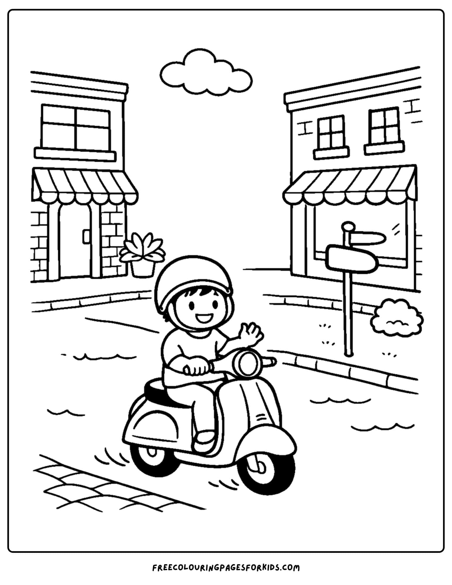 an italy coloring page showing a person riding a vespa down a street