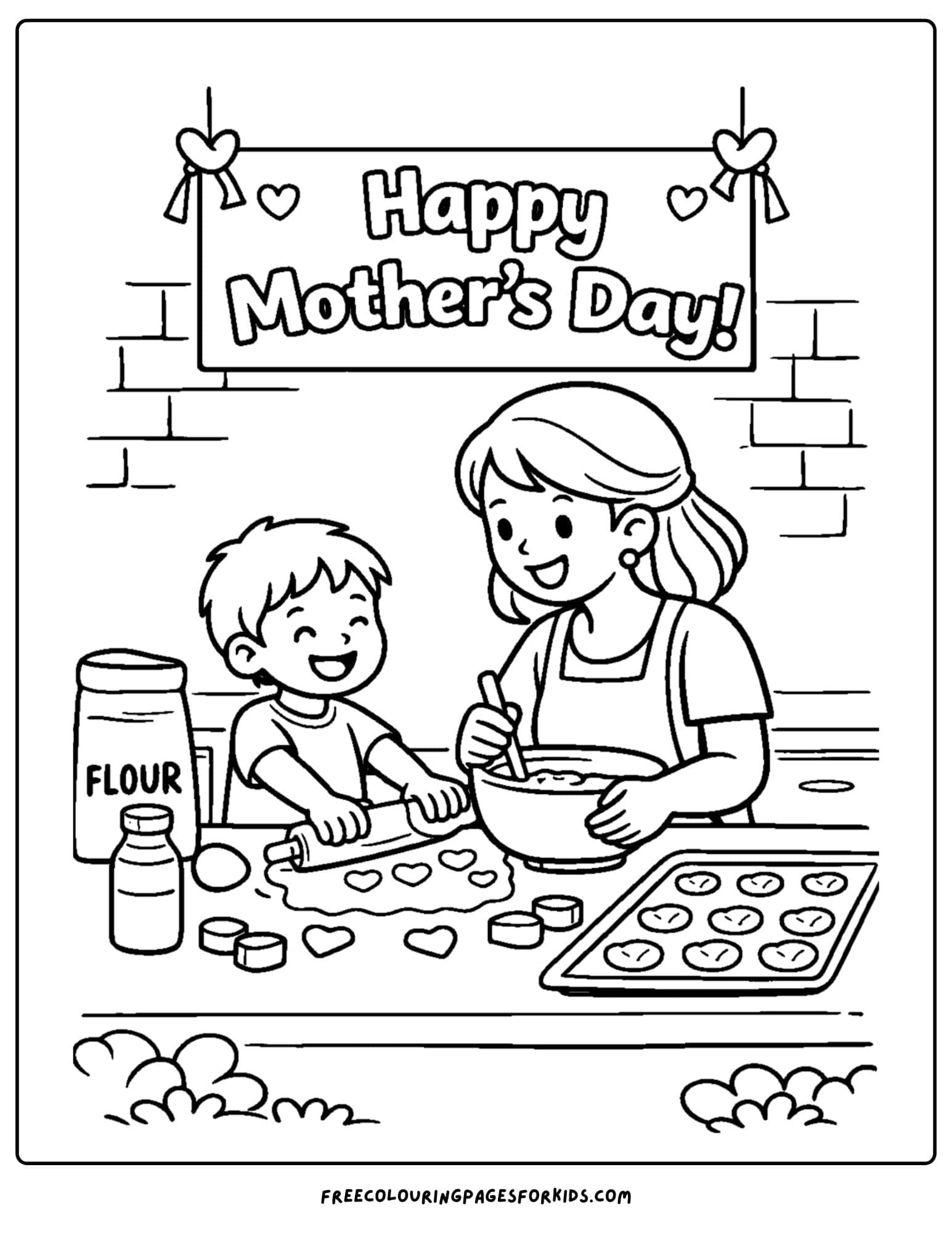 a mother's day coloring page showing a child and a mother baking cookies together in the kitchen