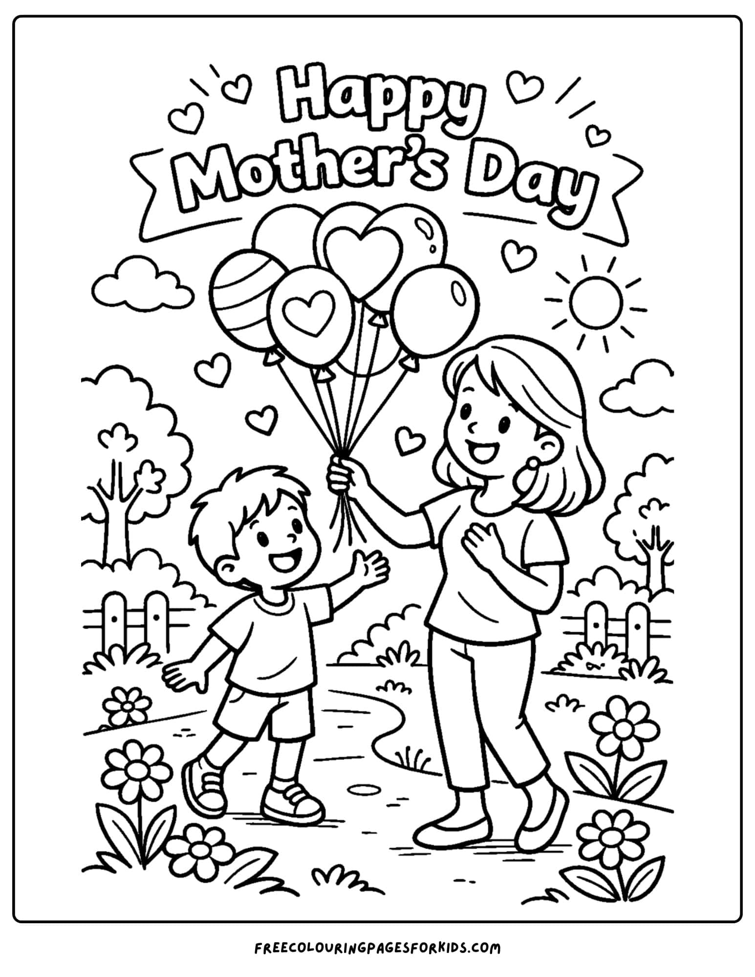 a mother's day coloring page showing a child and a mother being given a bunch of balloons