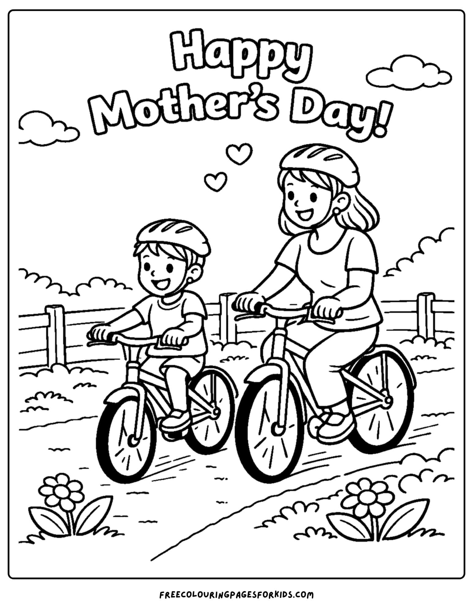 a mother's day coloring page showing a child and a mother riding bikes together in the park