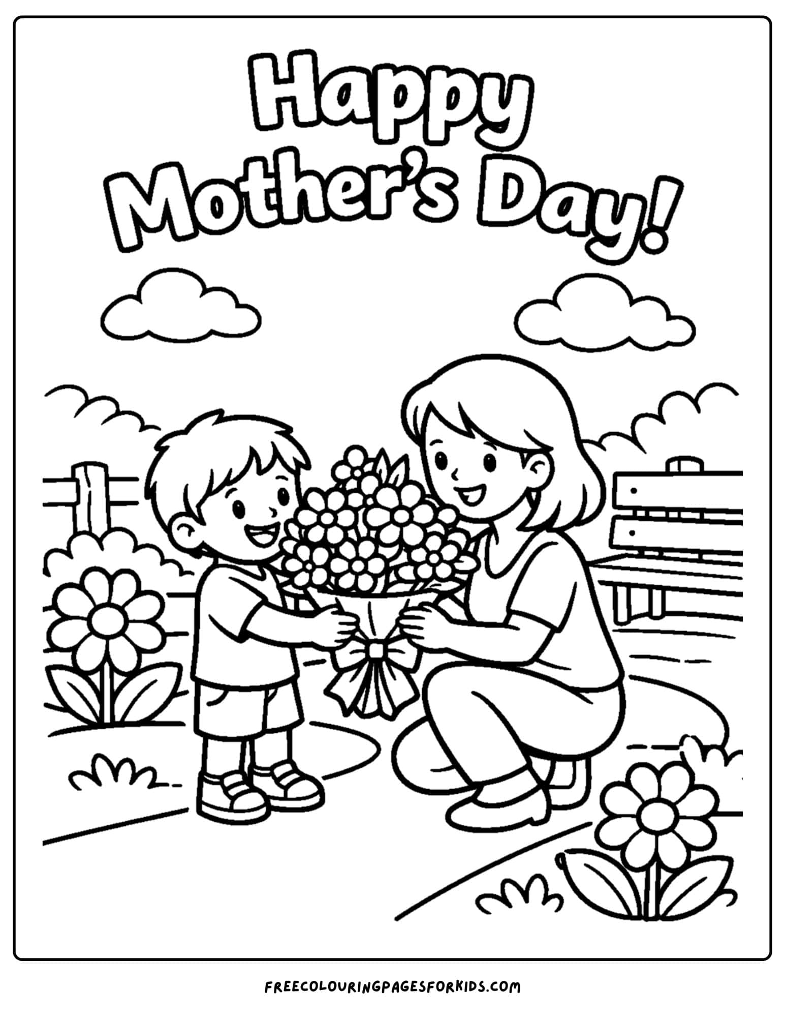 a mother's day coloring page showing a child and a mother being given a bunch of flowers