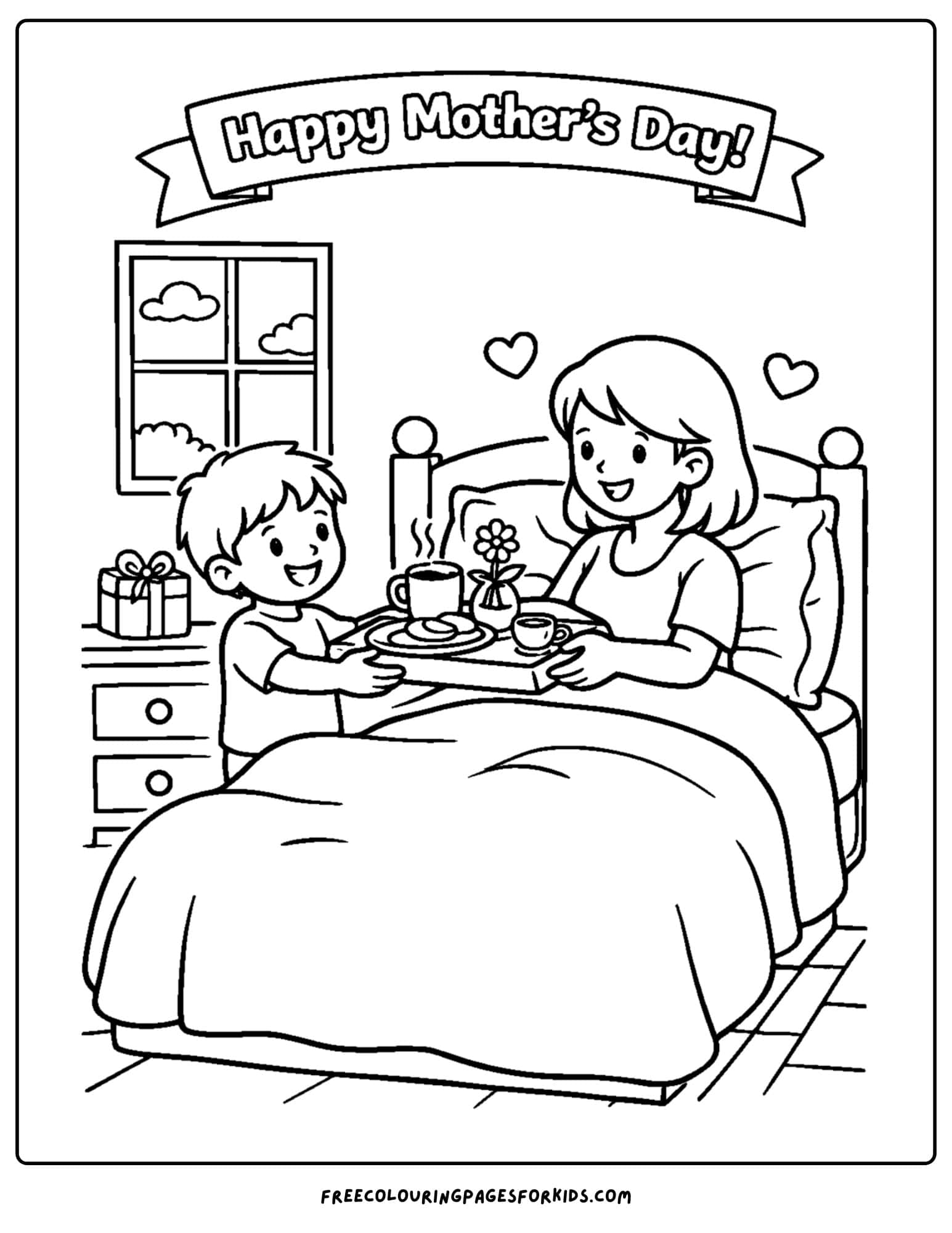 a mother's day coloring page showing a child and a mother having breakfast in bed