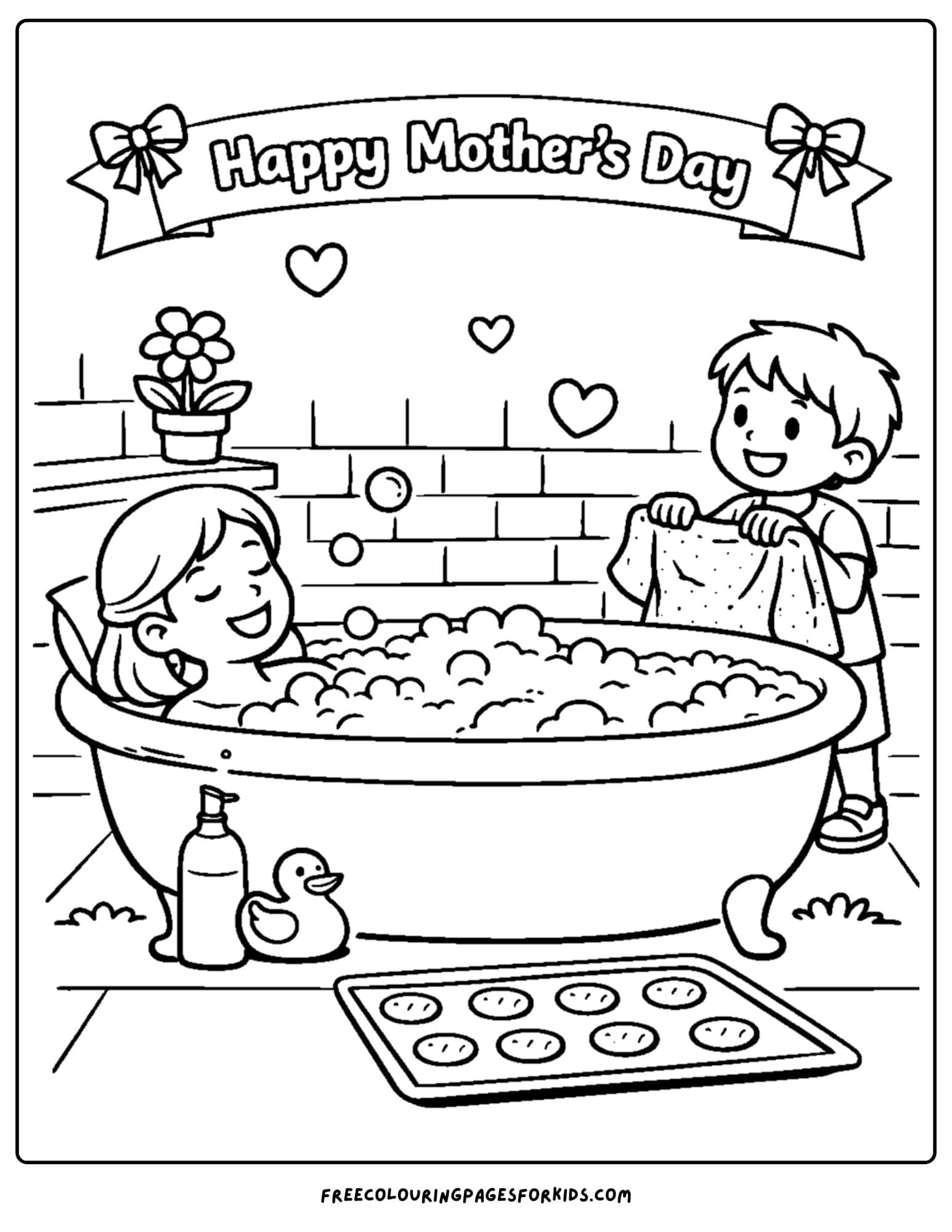 a mother's day coloring page showing a child and a mother having a lovely bubble bath and the child waiting on her