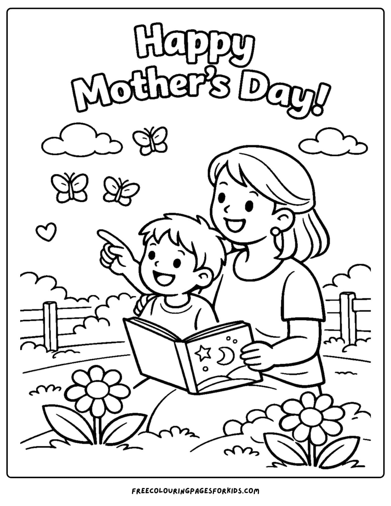 a mother's day coloring page showing a child and a mother looking at butterflies in the garden