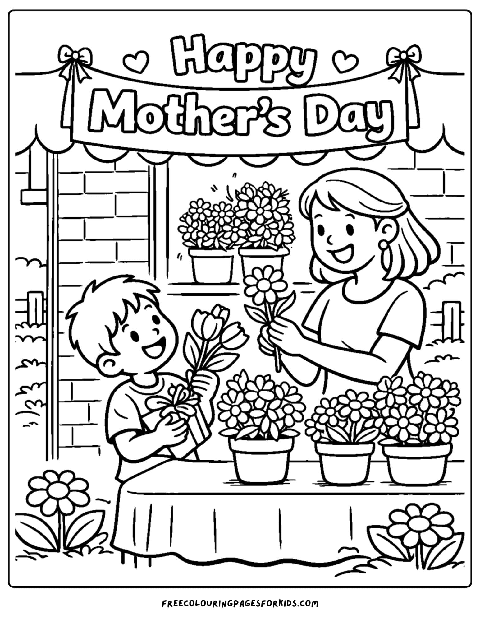 a mother's day coloring page showing a child and a mother choosing flowers in a flower shop