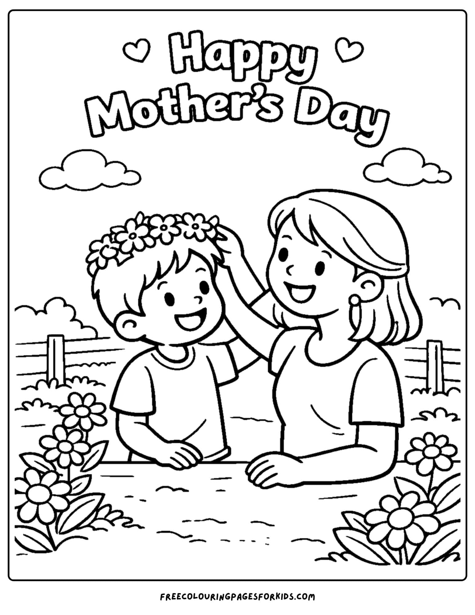 a mother's day coloring page showing a child and a mother putting a flwoer crown on the child