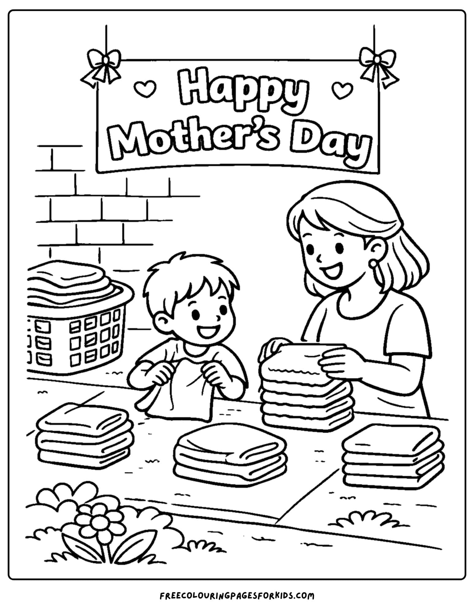 a mother's day coloring page showing a child and a mother folding laundry together