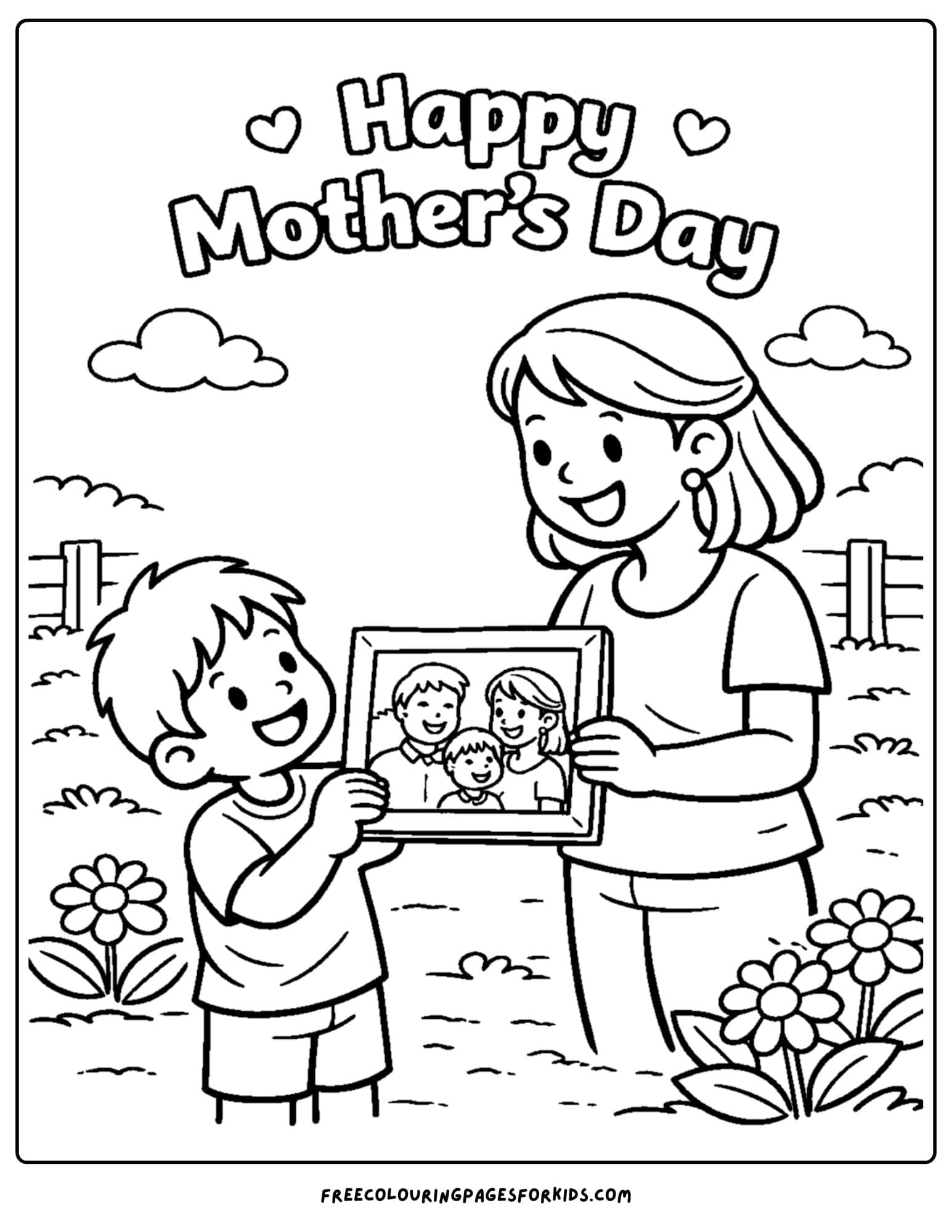 a mother's day coloring page showing a child and a mother being given a lovely family photo framed