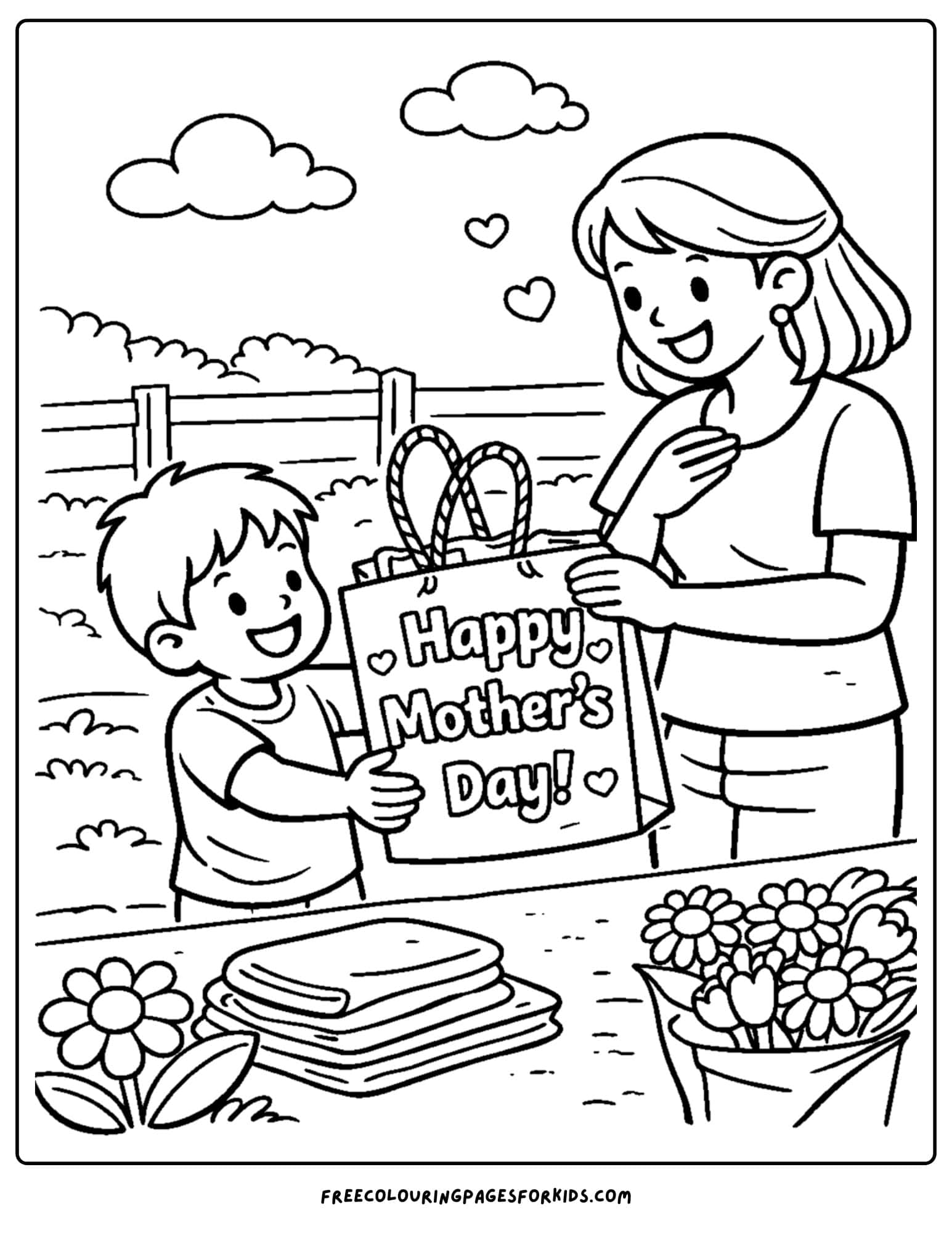 a mother's day coloring page showing a child and a mother receiving a gift bag surprise