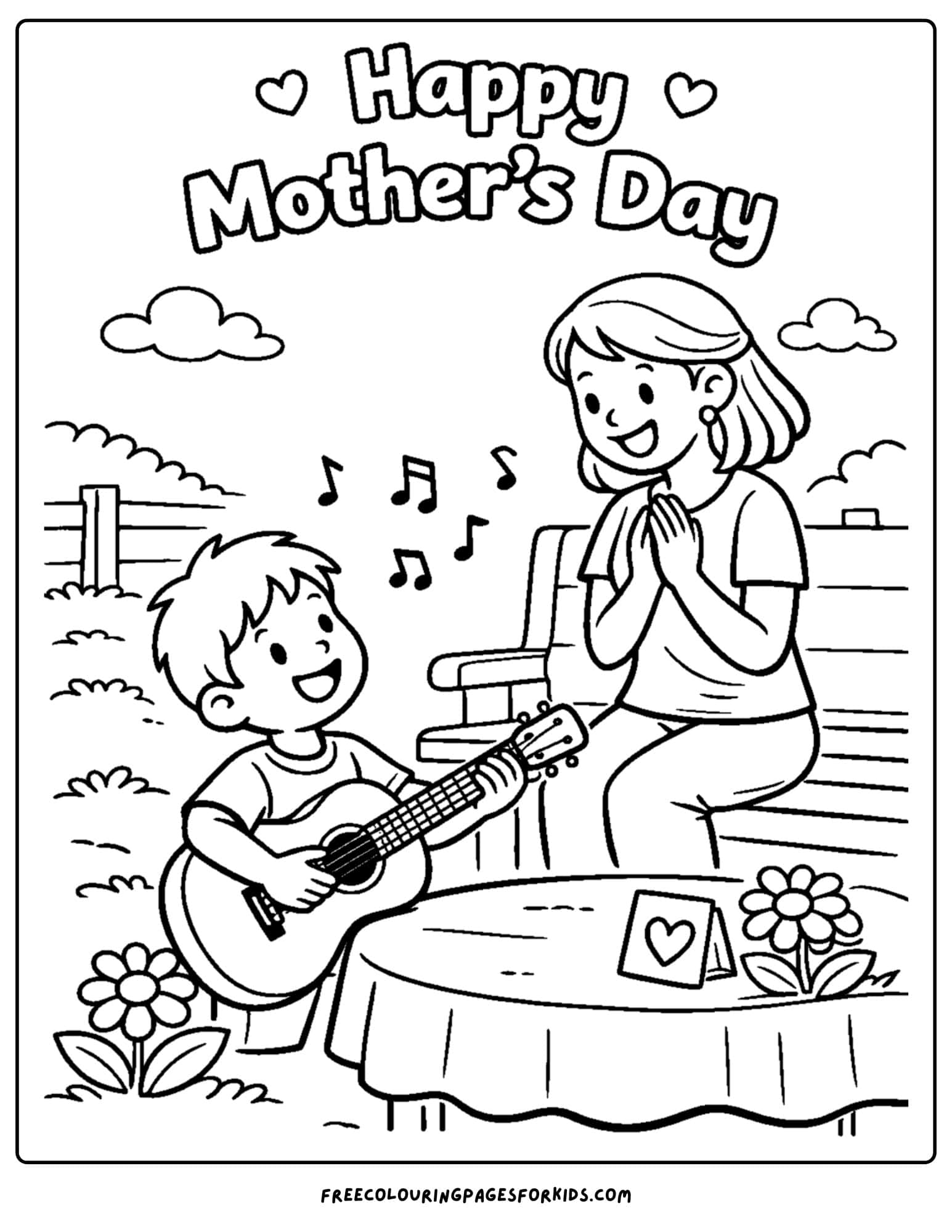 a mother's day coloring page showing a child and a mother listening to the child play her a song on their guitar