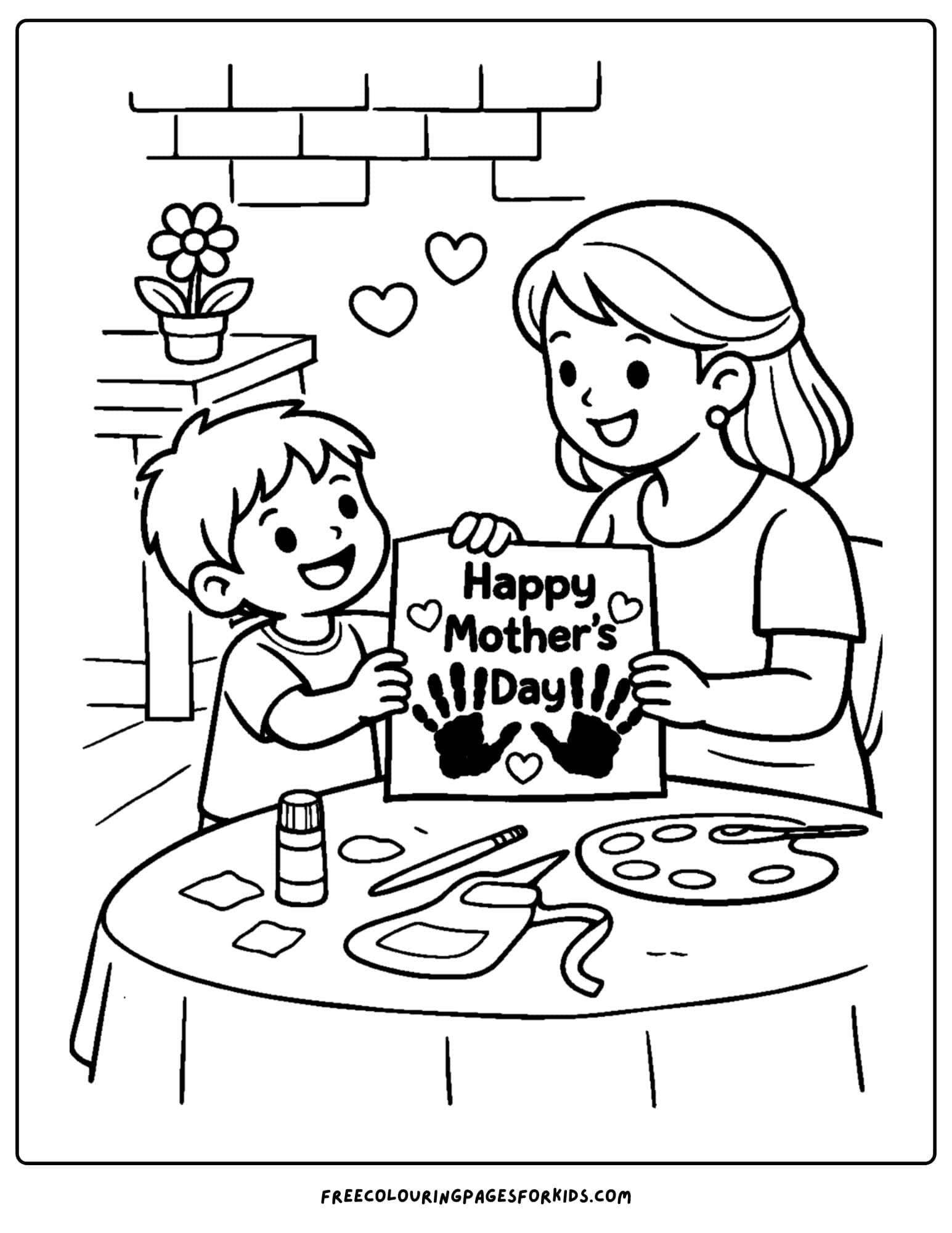 a mother's day coloring page showing a child and a mother receiving a and made card