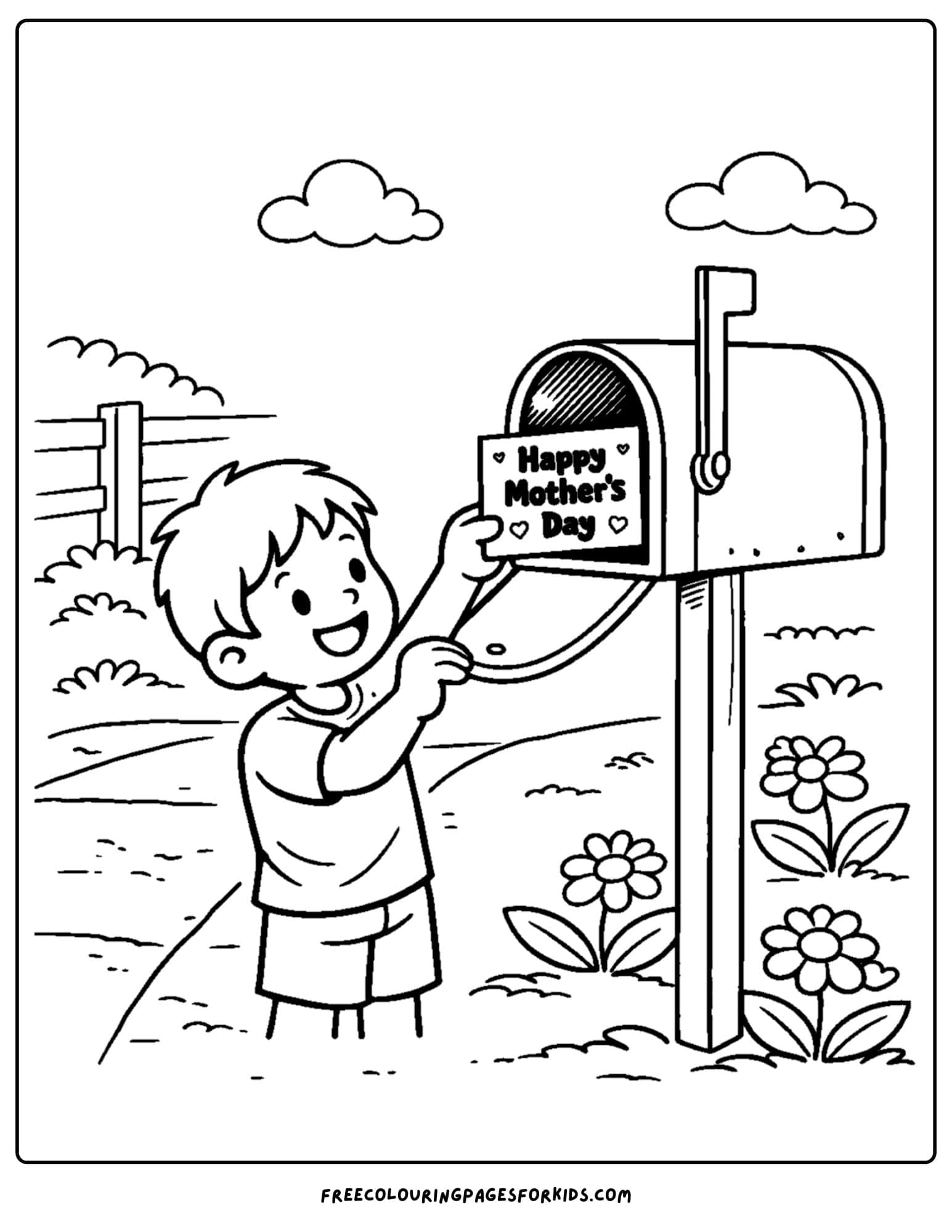 a mother's day coloring page showing a child getting a mothers day letter from the mailbox