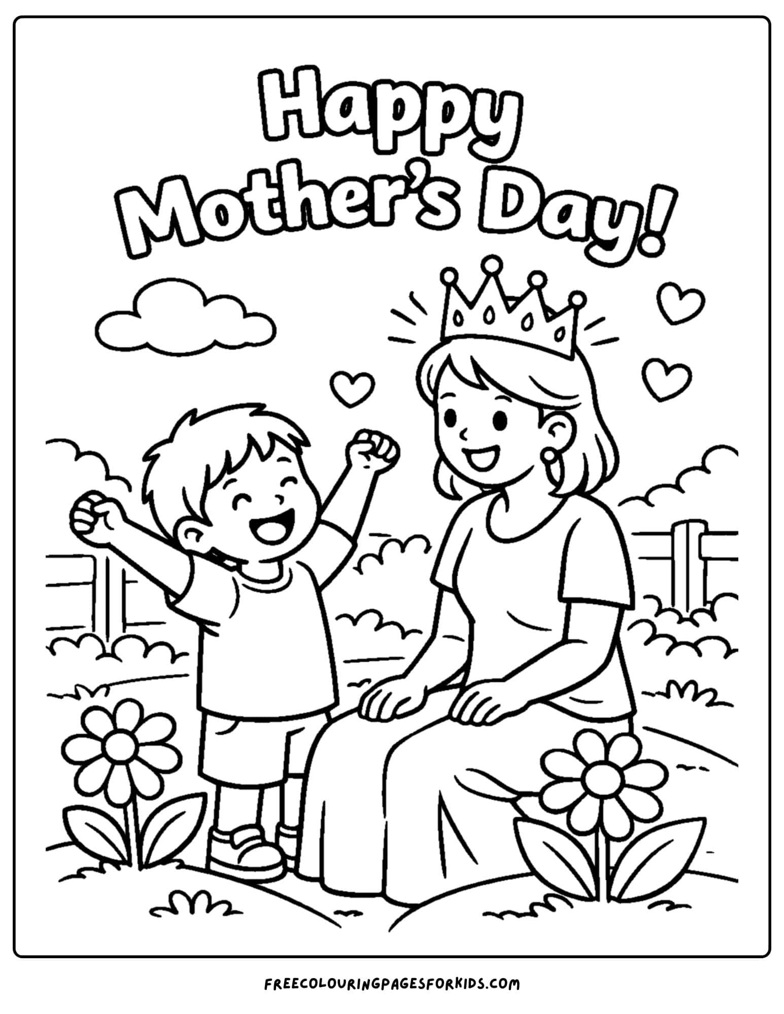 a mother's day coloring page showing a child and a mother wearing a crown like a queen or princess