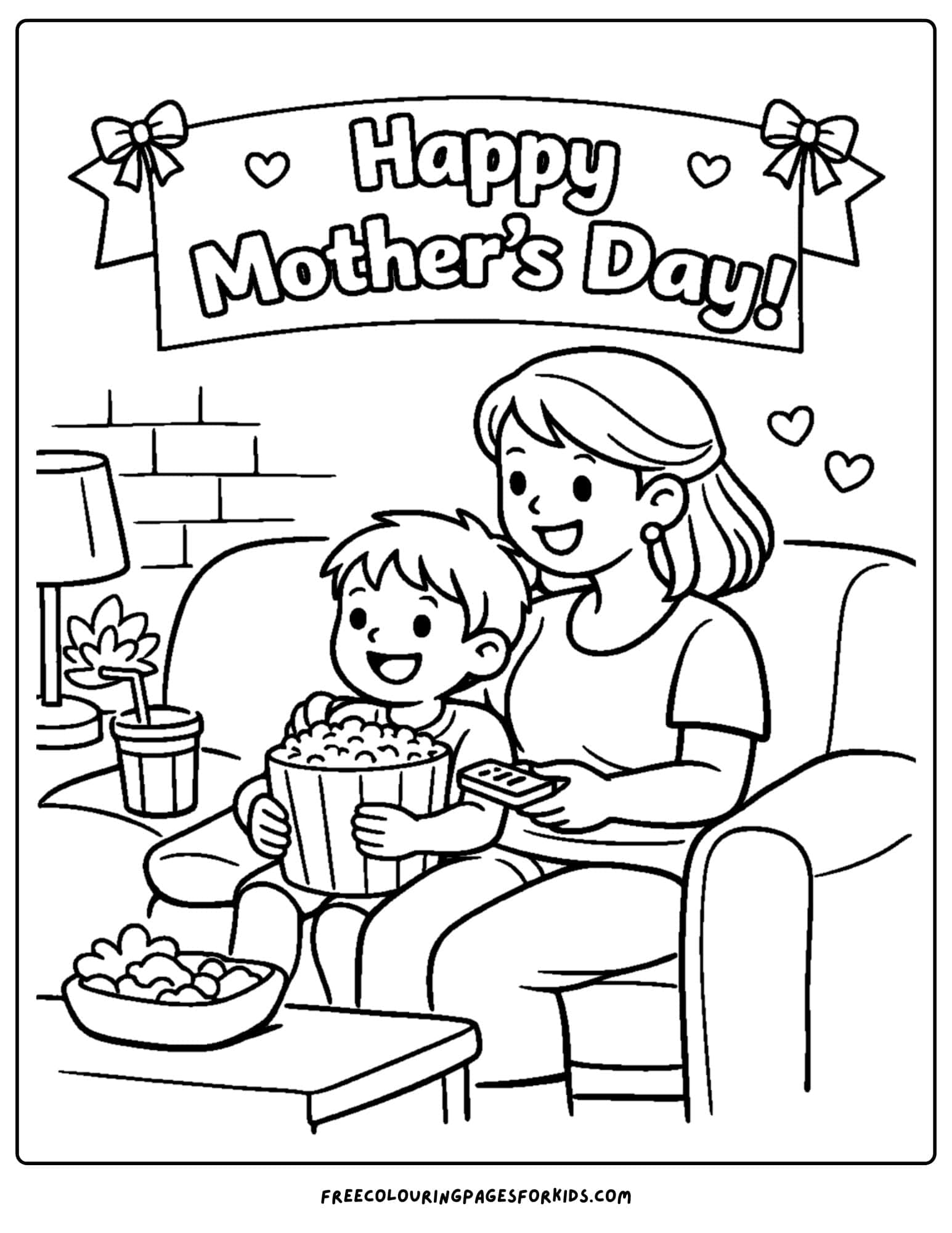 a mother's day coloring page showing a child and a mother watching a movie with snacks together
