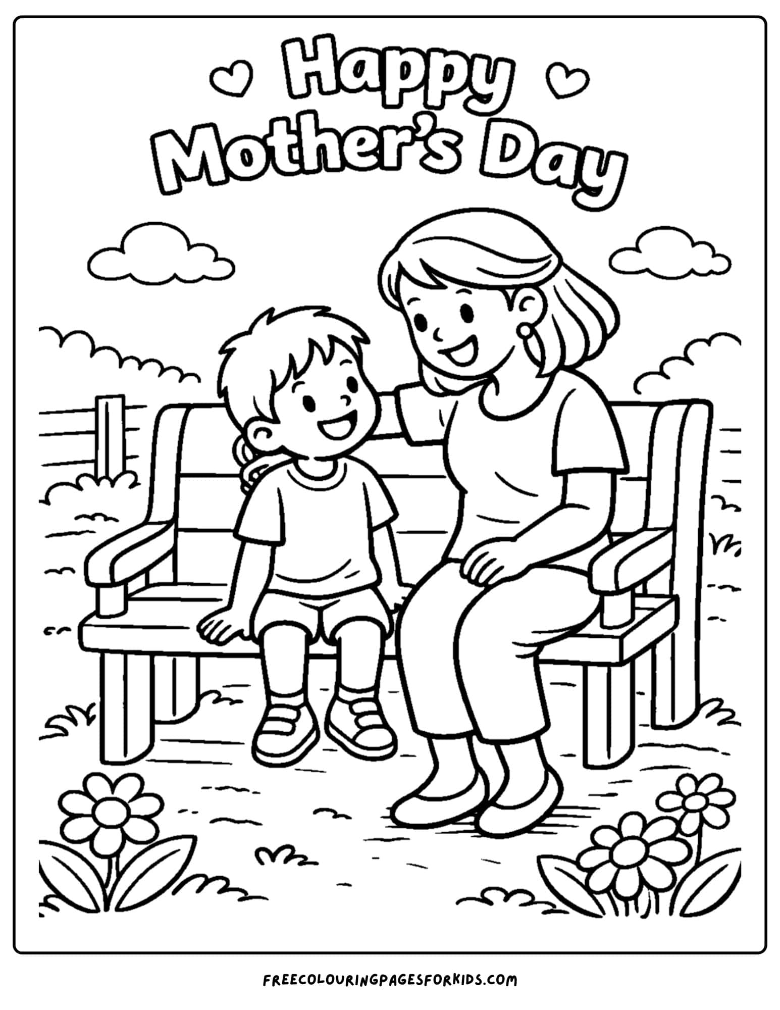 a mother's day coloring page showing a child and a mother sitting on a park bench together