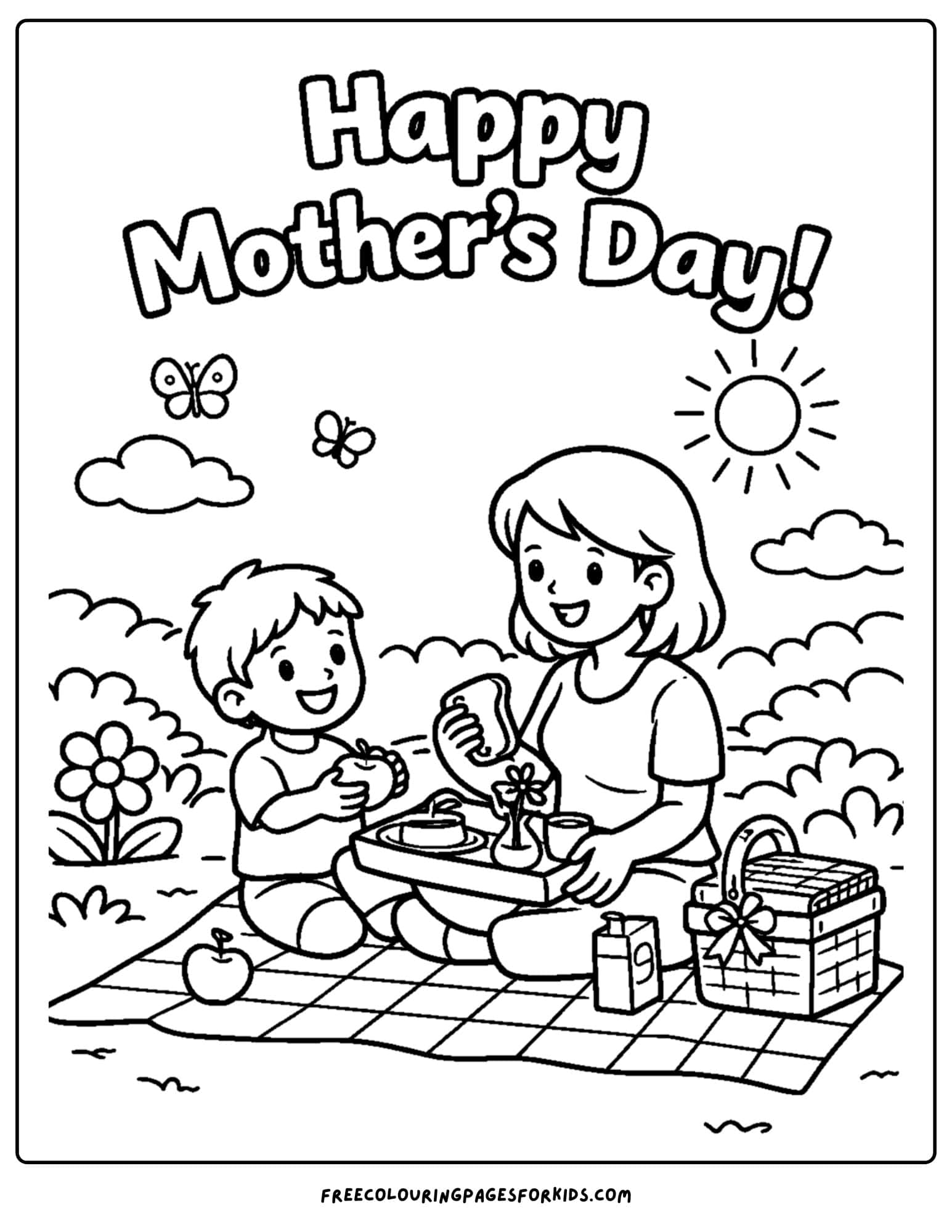 a mother's day coloring page showing a child and a mother having a picnic together