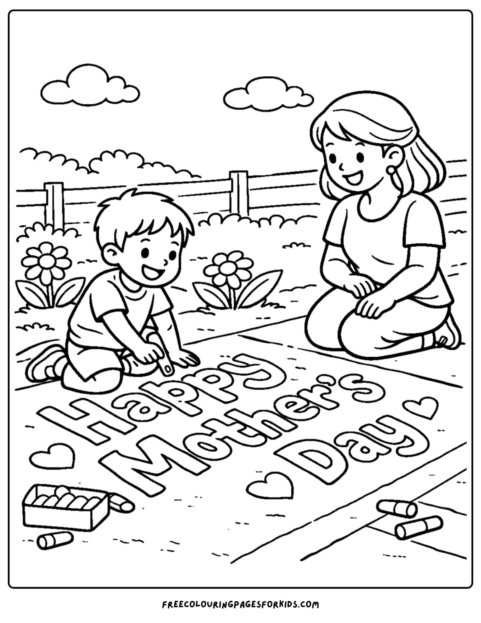a mother's day coloring page showing a child and a mother where the child has written happy mothers day in chalk on the sidewalk
