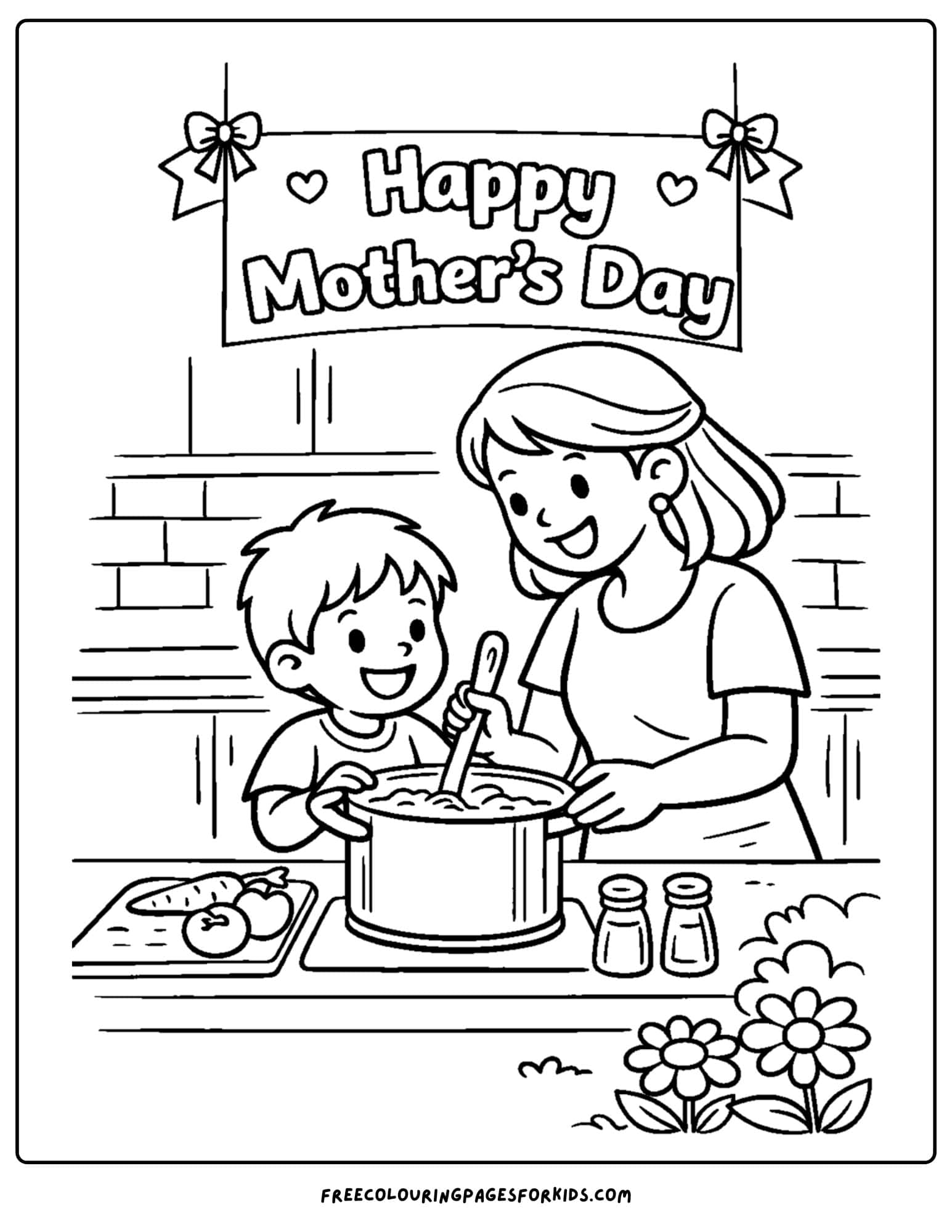 a mother's day coloring page showing a child and a mother baking in the kitchen