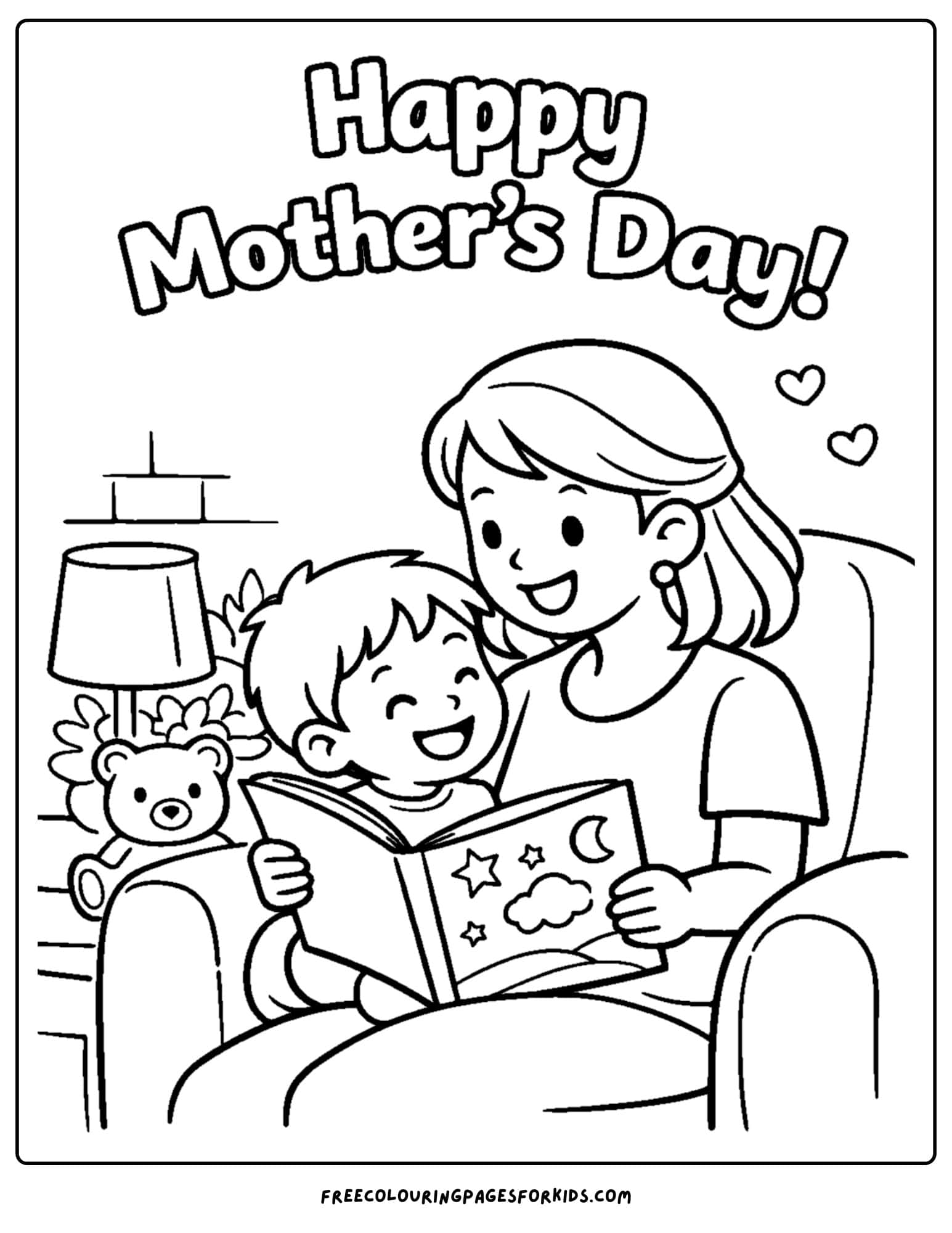 a mother's day coloring page showing a child and a mother reading a book on a chair together