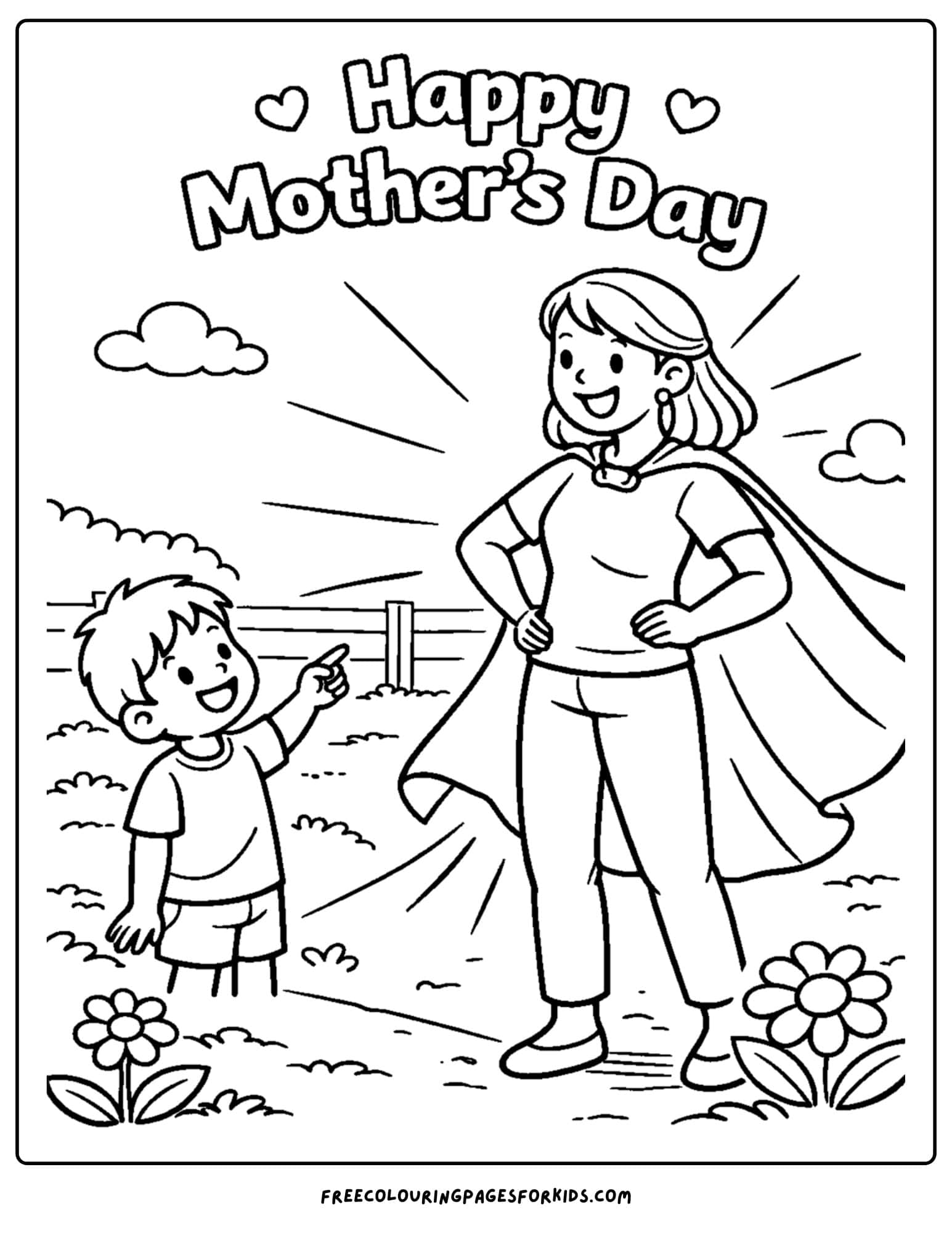 a mother's day coloring page showing a child and a mother dressed as a superhero with a cape