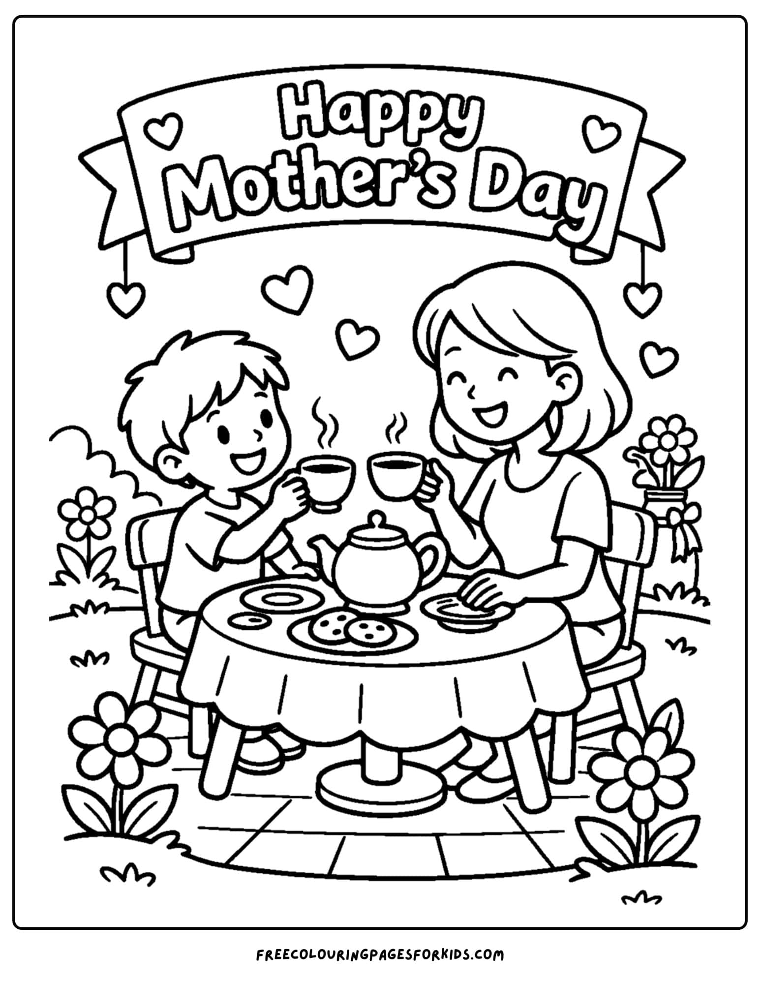 a mother's day coloring page showing a child and a mother having a lovely tea party