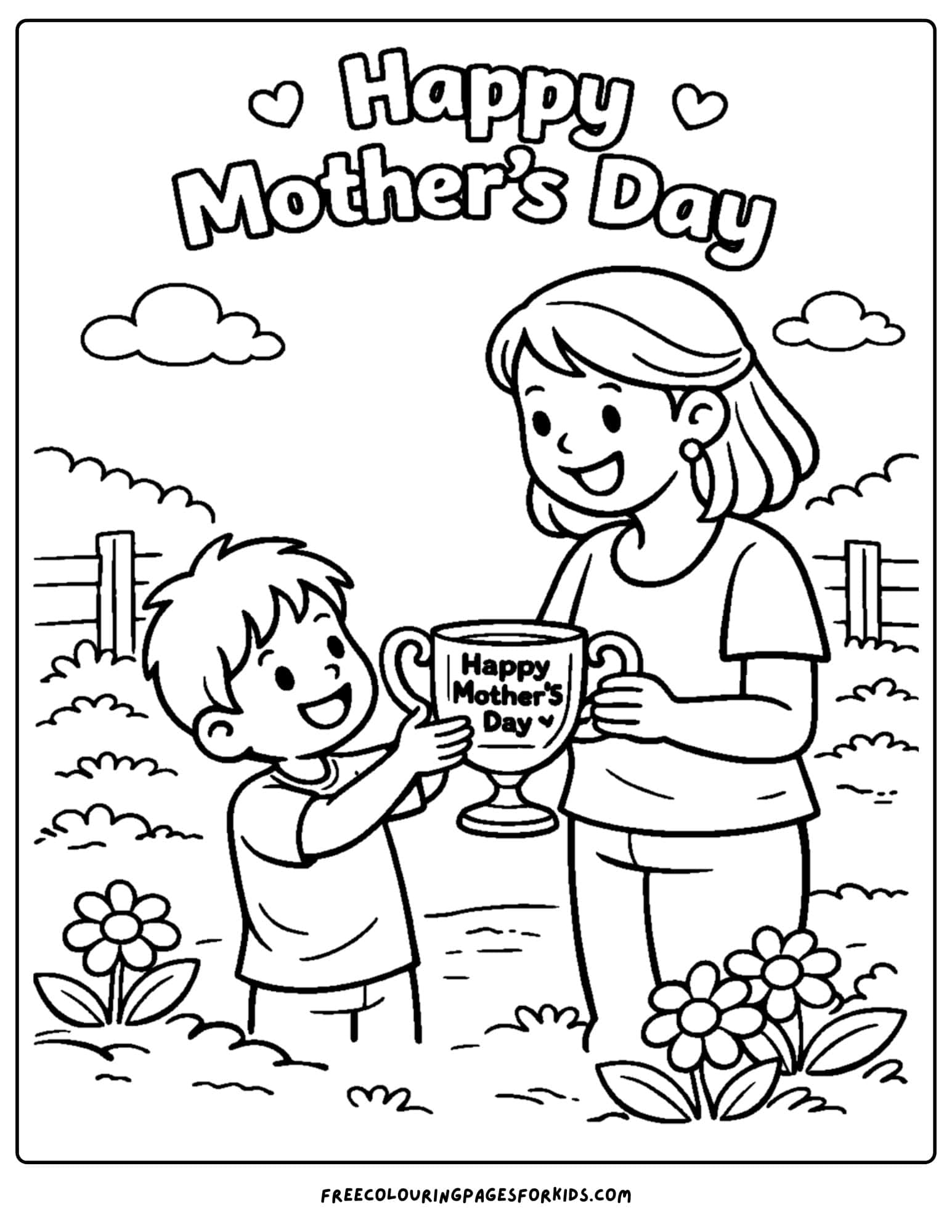 a mother's day coloring page showing a child and a mother getting given a happy mothers day trophy