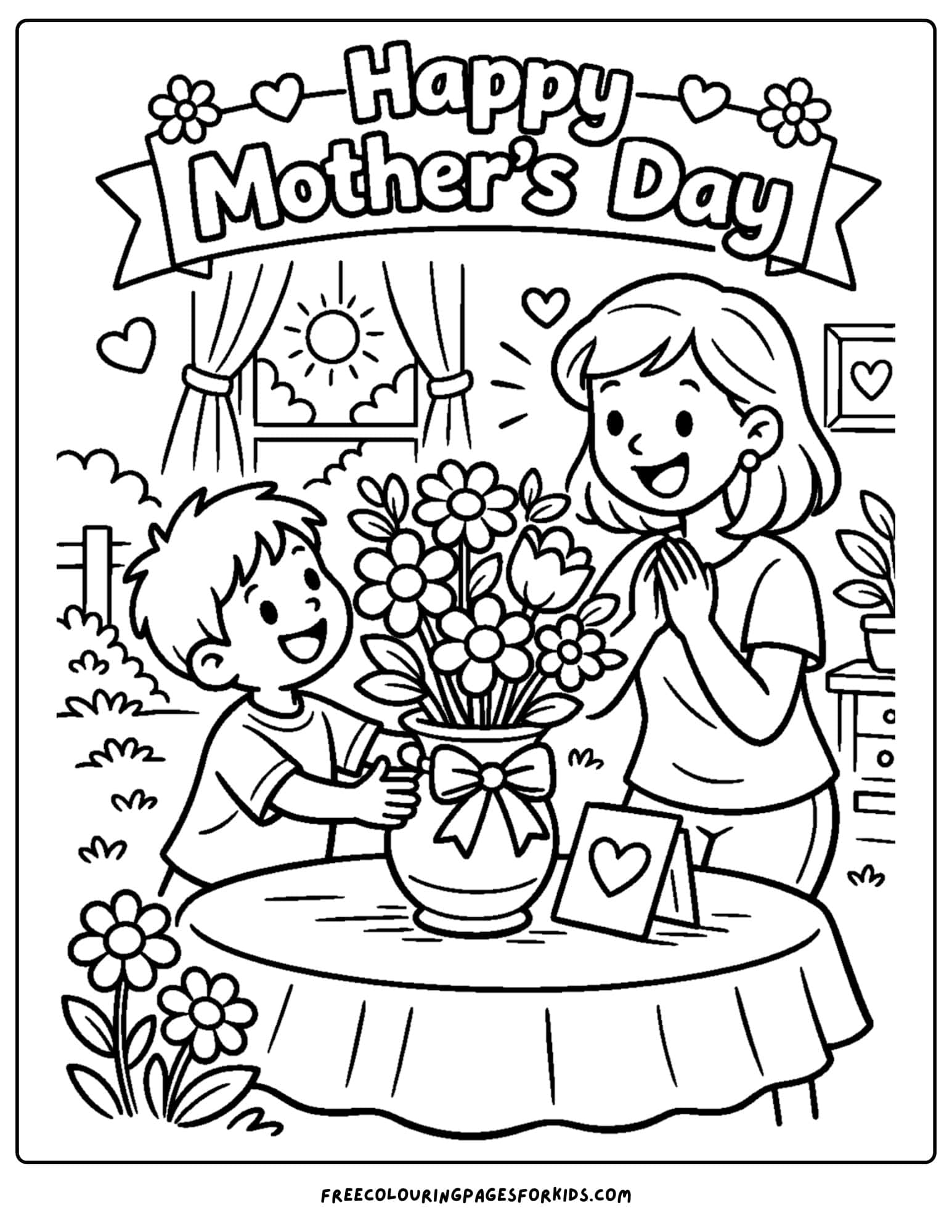 a mother's day coloring page showing a mother and child with the child giving the mother a big vase of flowers