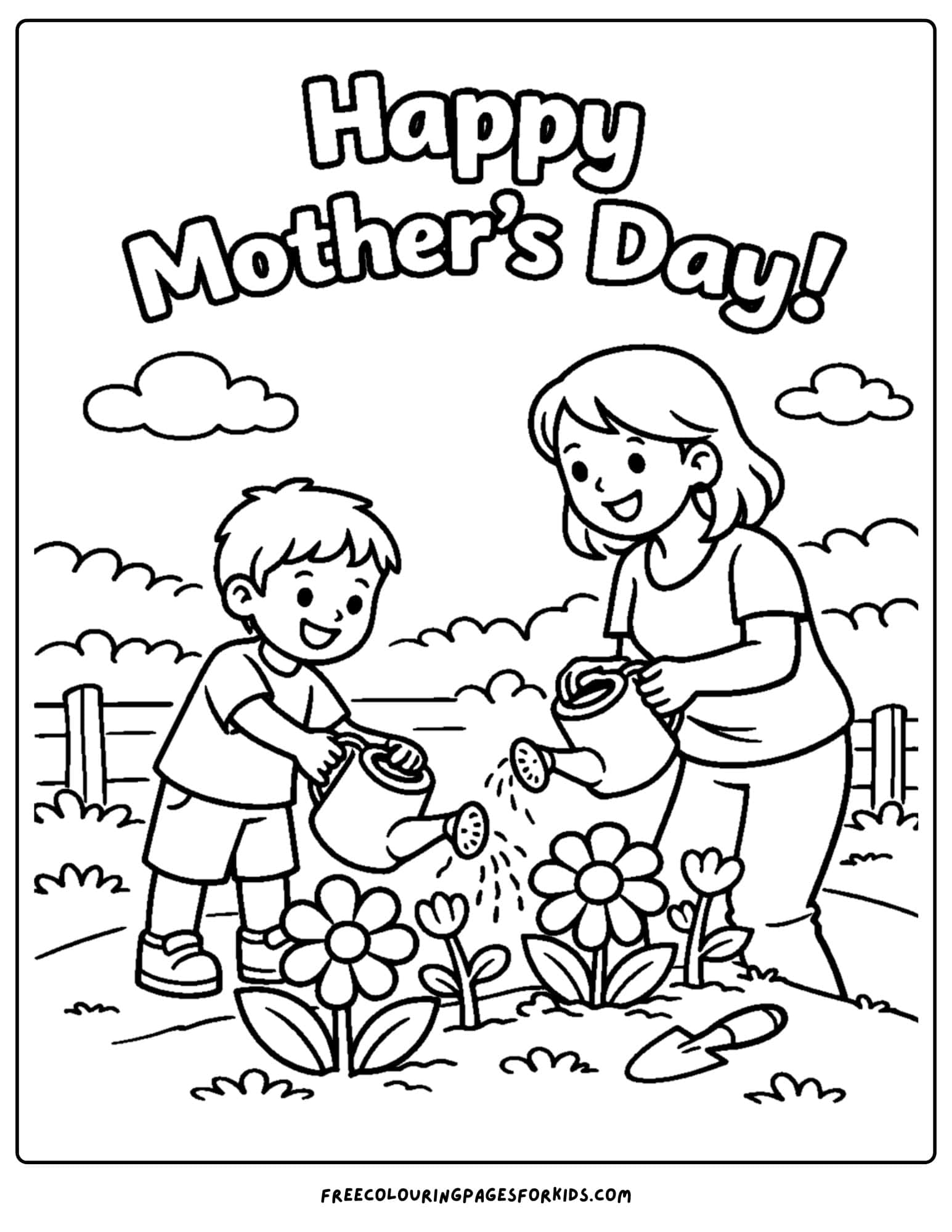 a mother's day coloring page showing a mother and child watering the garden flowers together